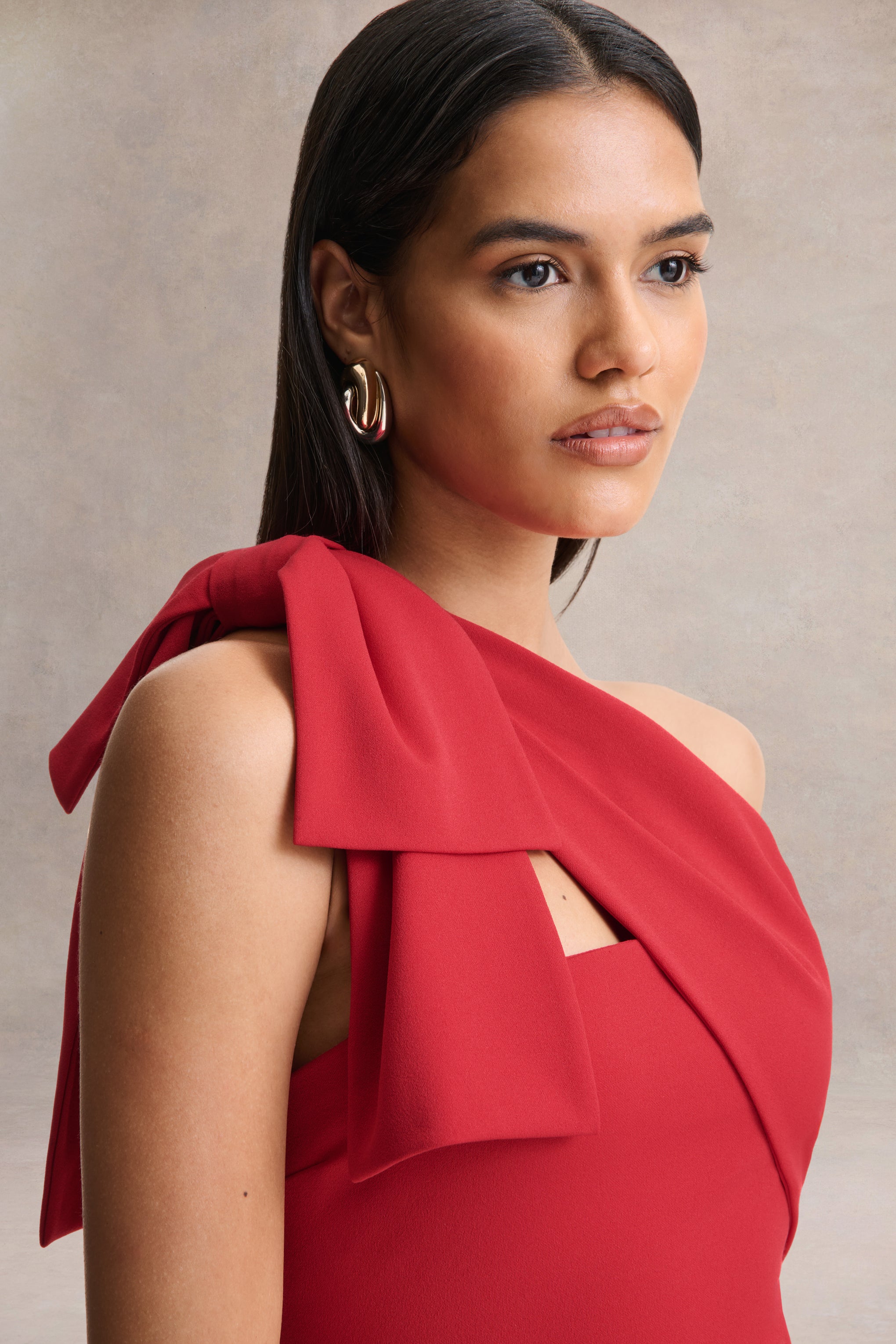 Adara | Red Asymmetric-Neck Maxi Dress With Bow-Detail-Sowoom