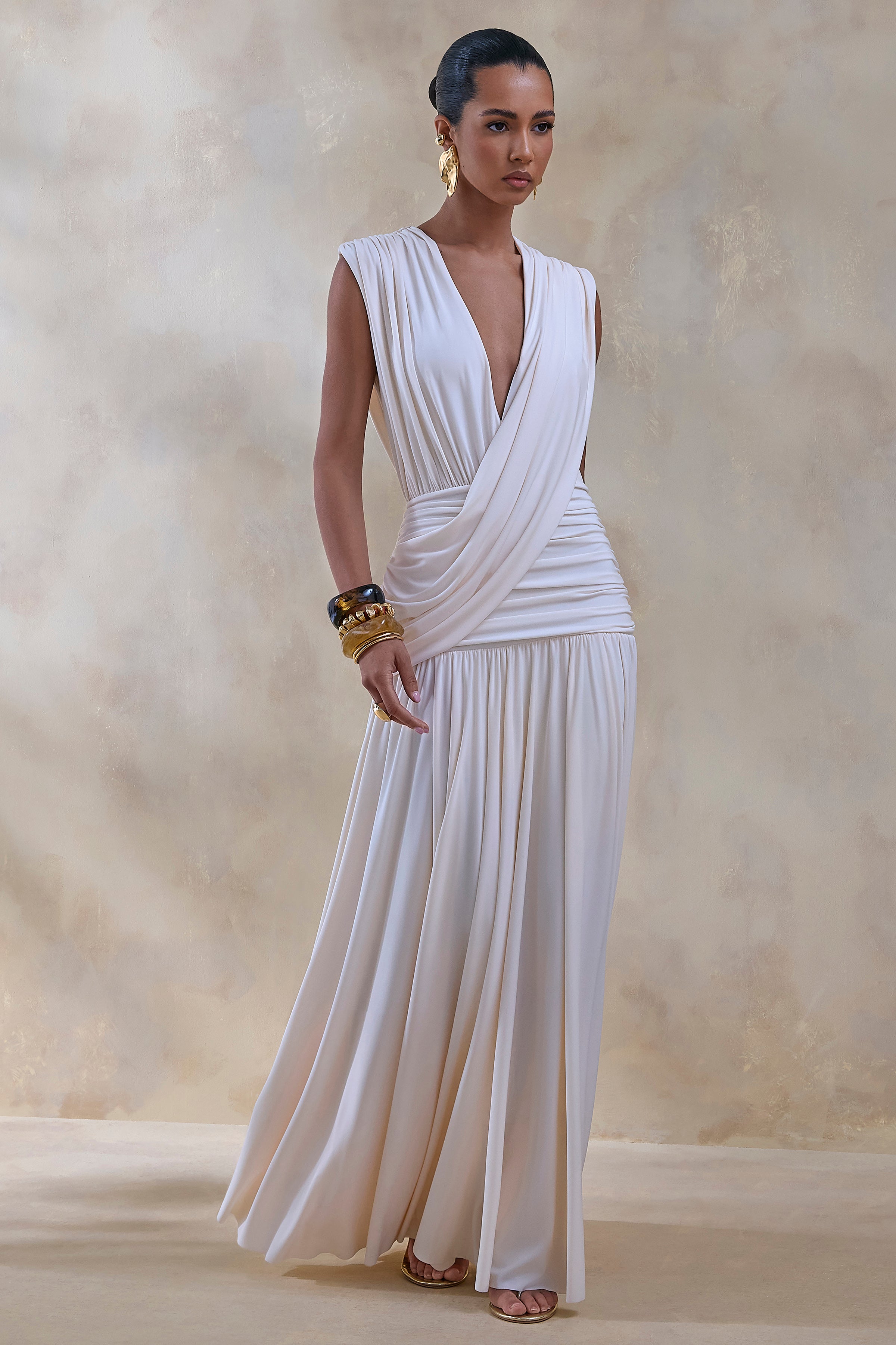 Glorina | Cream Plunge-Neck Maxi Dress With Draped-Detailing-Sowoom