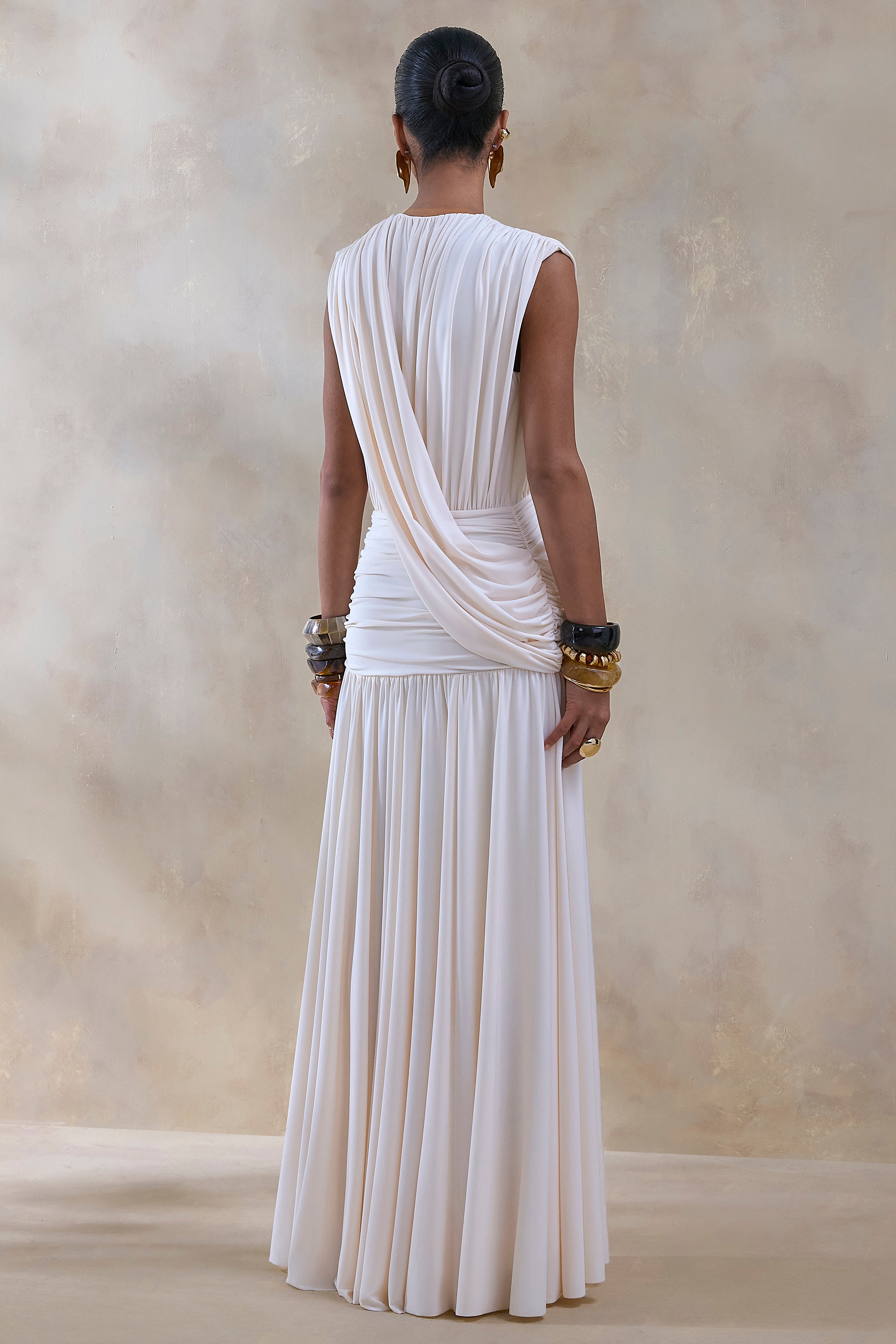 Glorina | Cream Plunge-Neck Maxi Dress With Draped-Detailing-Sowoom