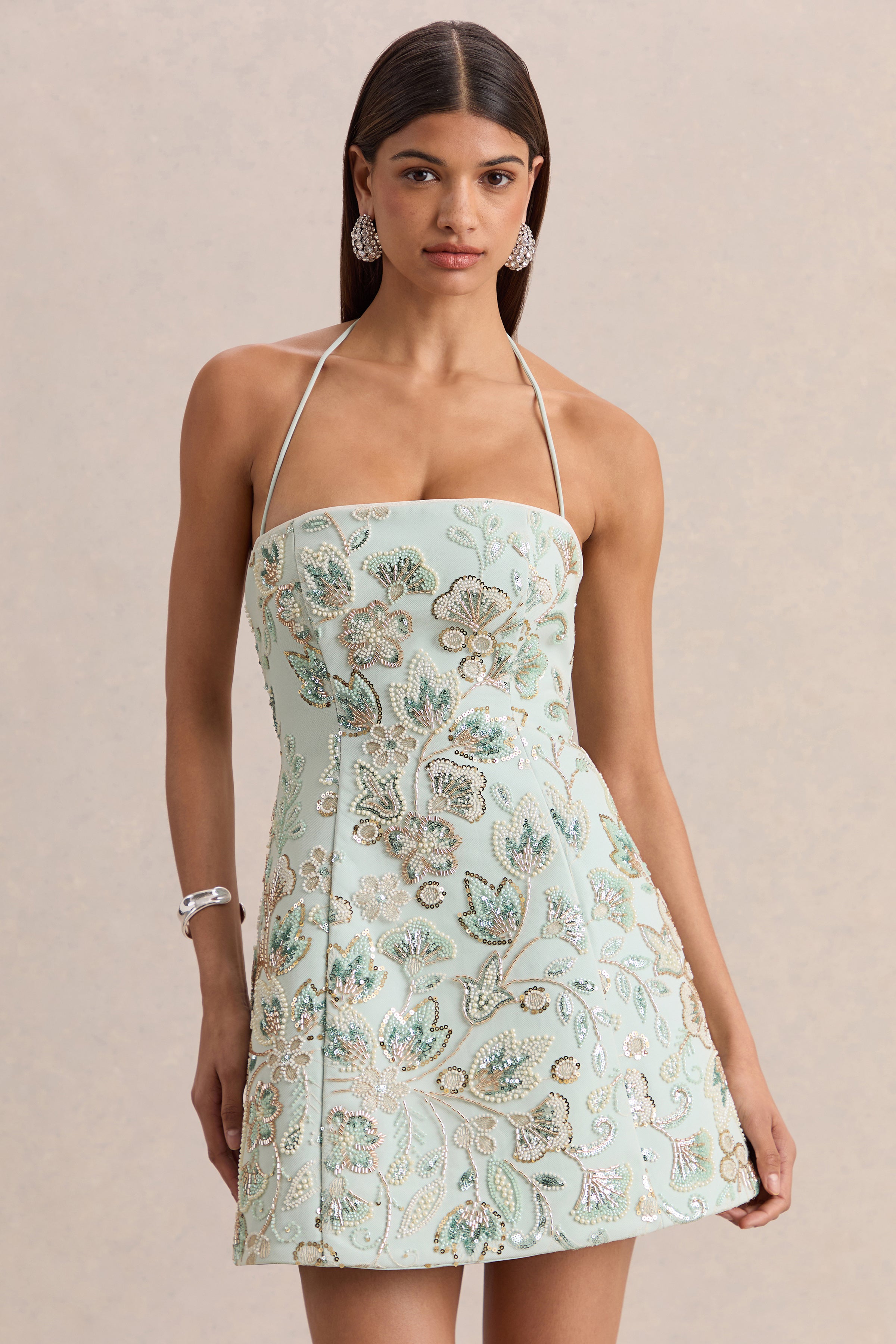 Brianna | Blue Floral Embellished Square-Neck Mini Dress-Sowoom
