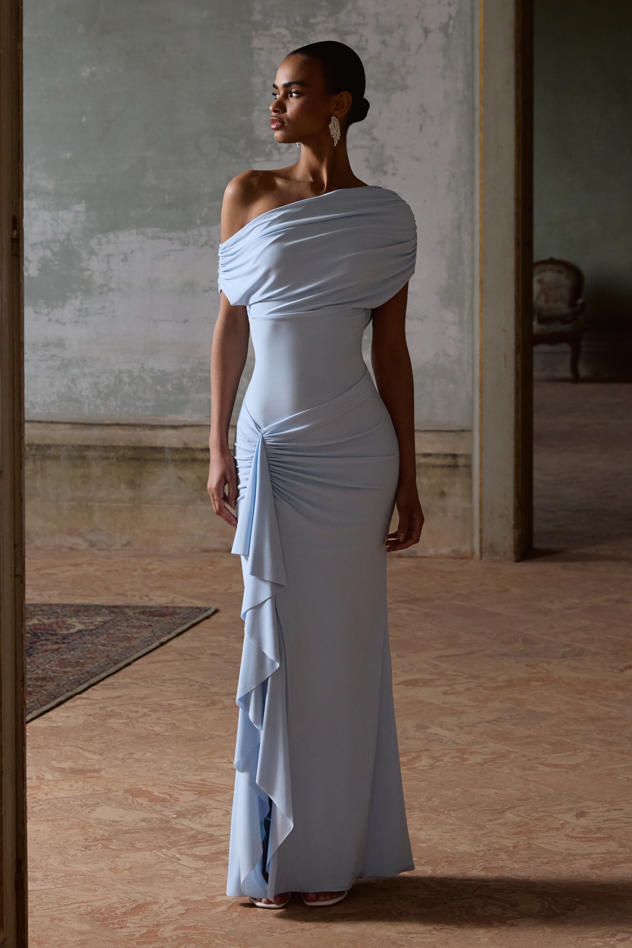 Siora | Powder Blue Asymmetric-Neck Maxi Dress With Draped-Detailing-Sowoom
