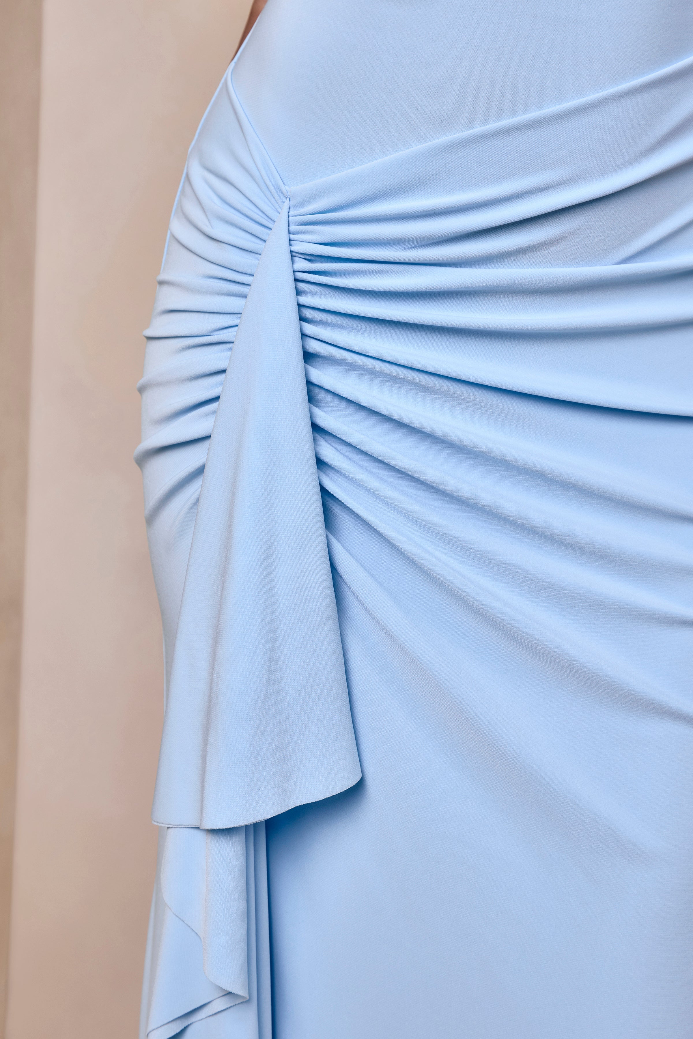 Siora | Powder Blue Asymmetric-Neck Maxi Dress With Draped-Detailing-Sowoom