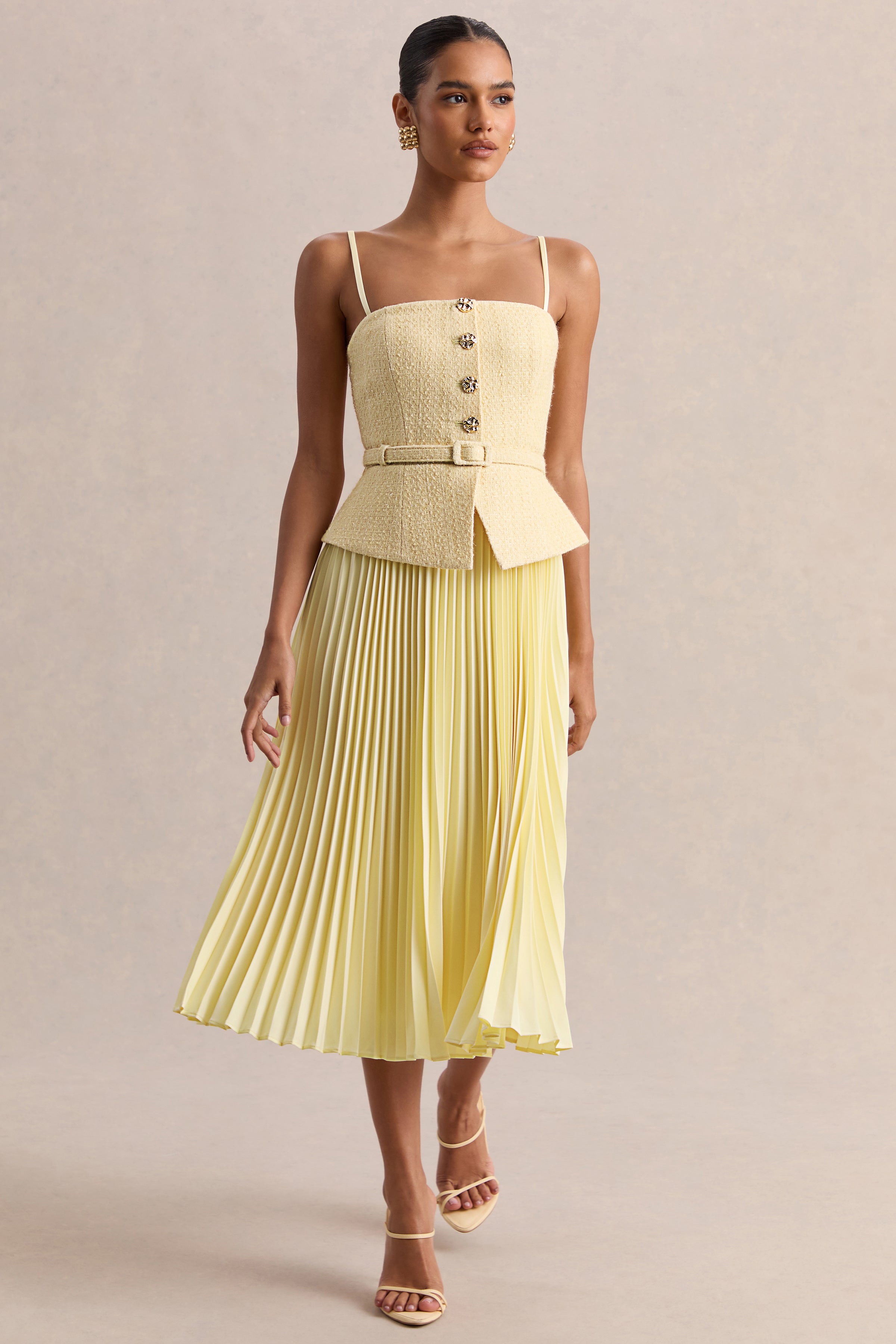 Lizzy | Lemon Square-Neck Midi Dress With Pleated-Skirt-Sowoom