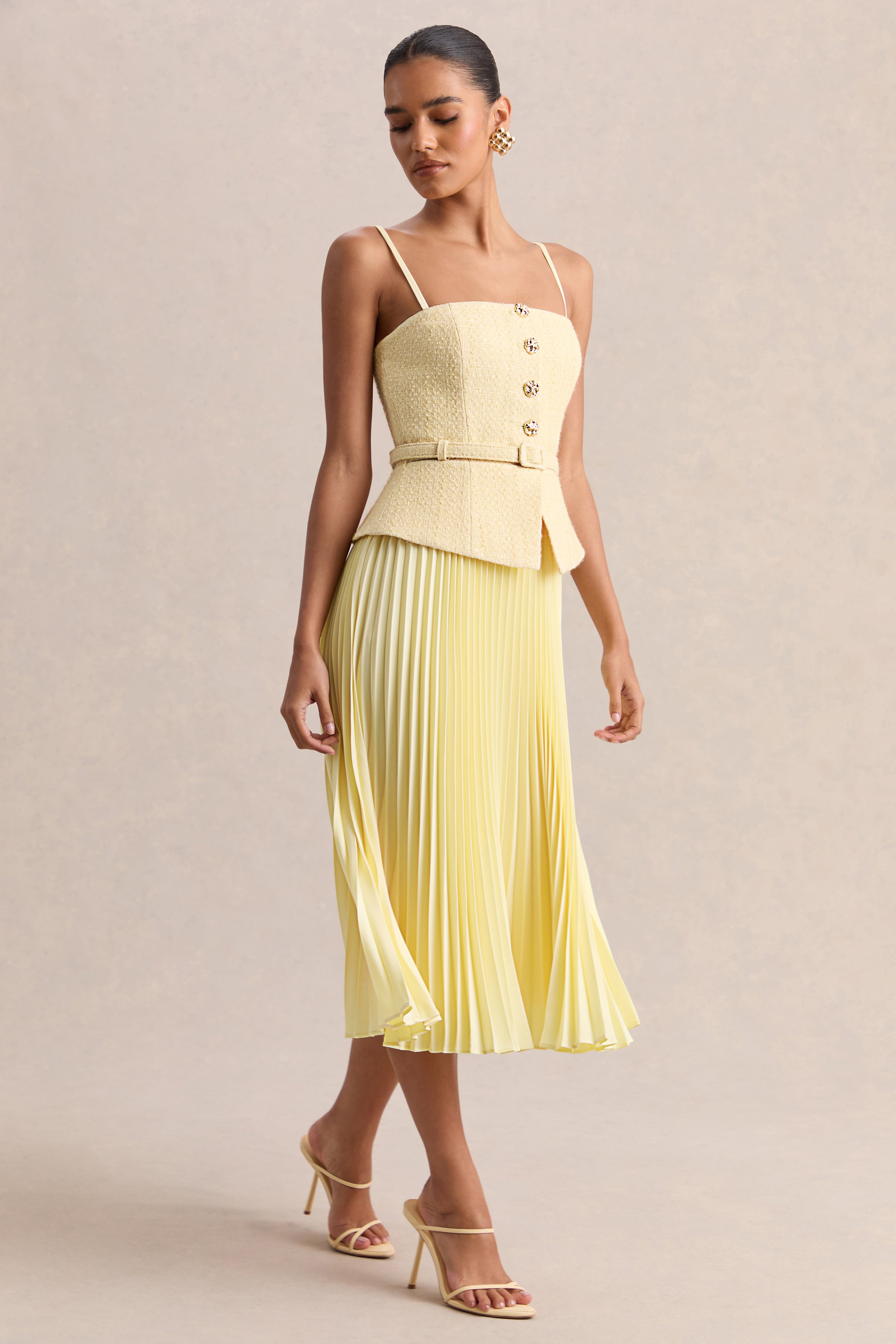 Lizzy | Lemon Square-Neck Midi Dress With Pleated-Skirt-Sowoom