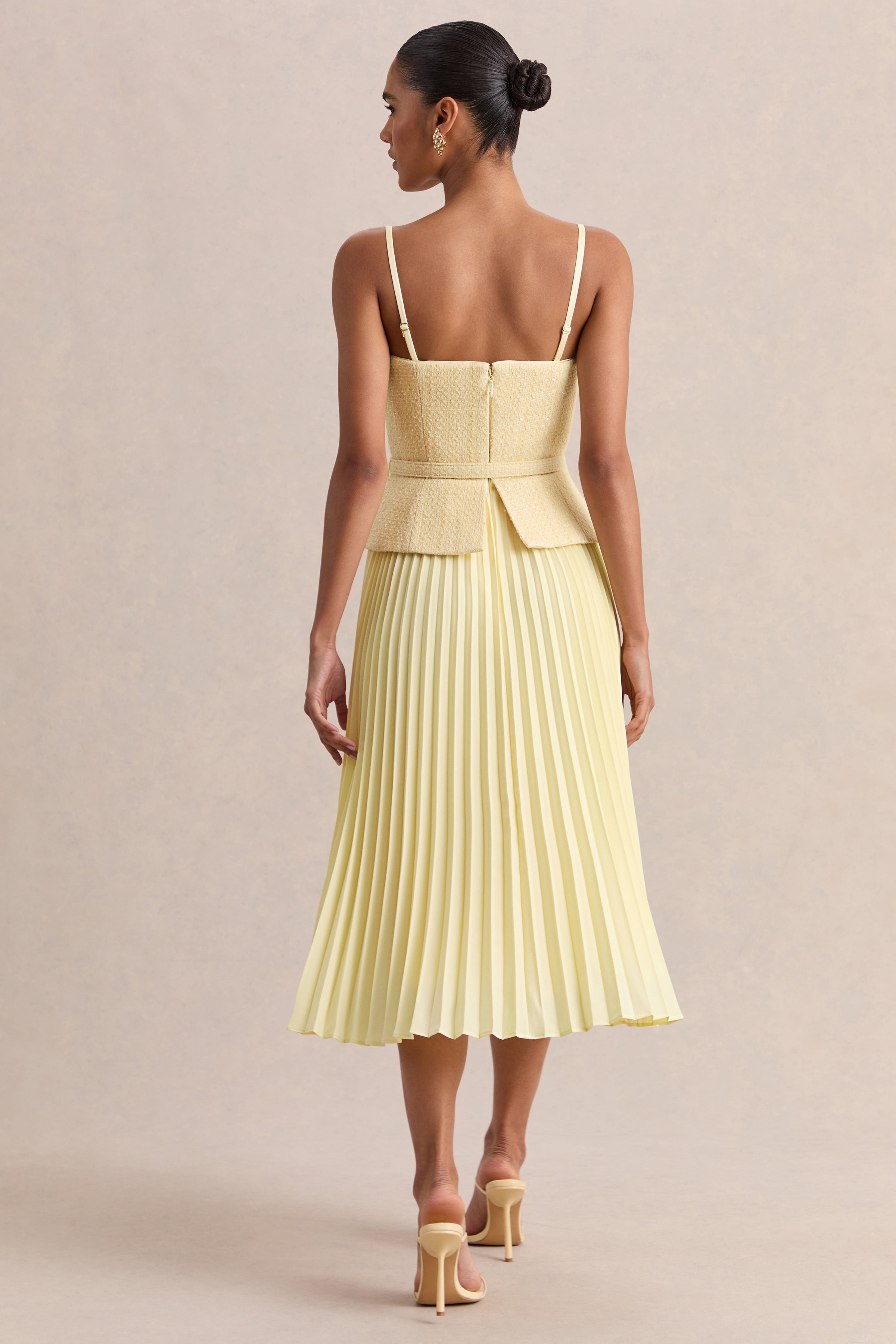 Lizzy | Lemon Square-Neck Midi Dress With Pleated-Skirt-Sowoom