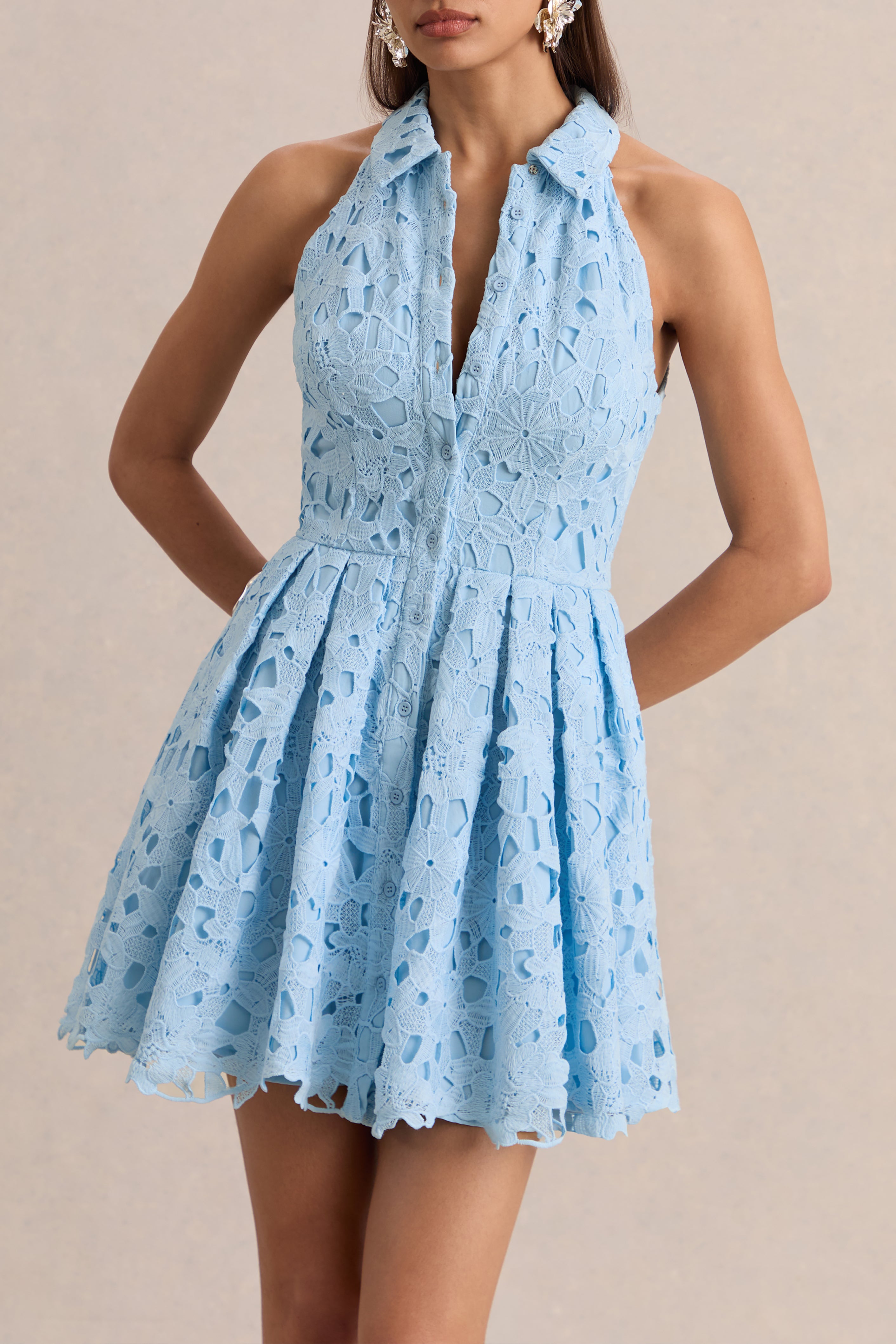 Milly | Powder Blue Lace Halter-Neck Mini Dress-Sowoom