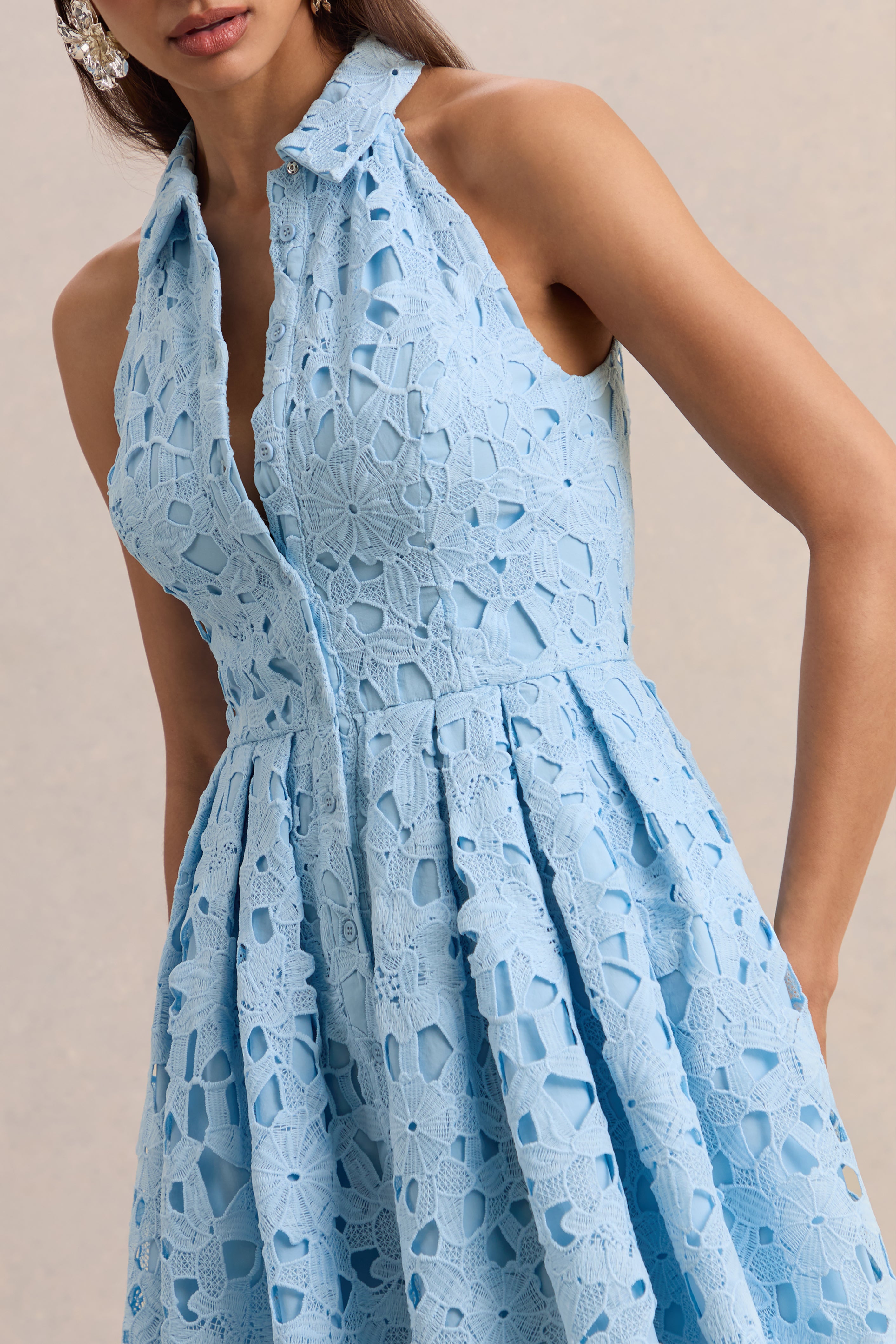 Milly | Powder Blue Lace Halter-Neck Mini Dress-Sowoom