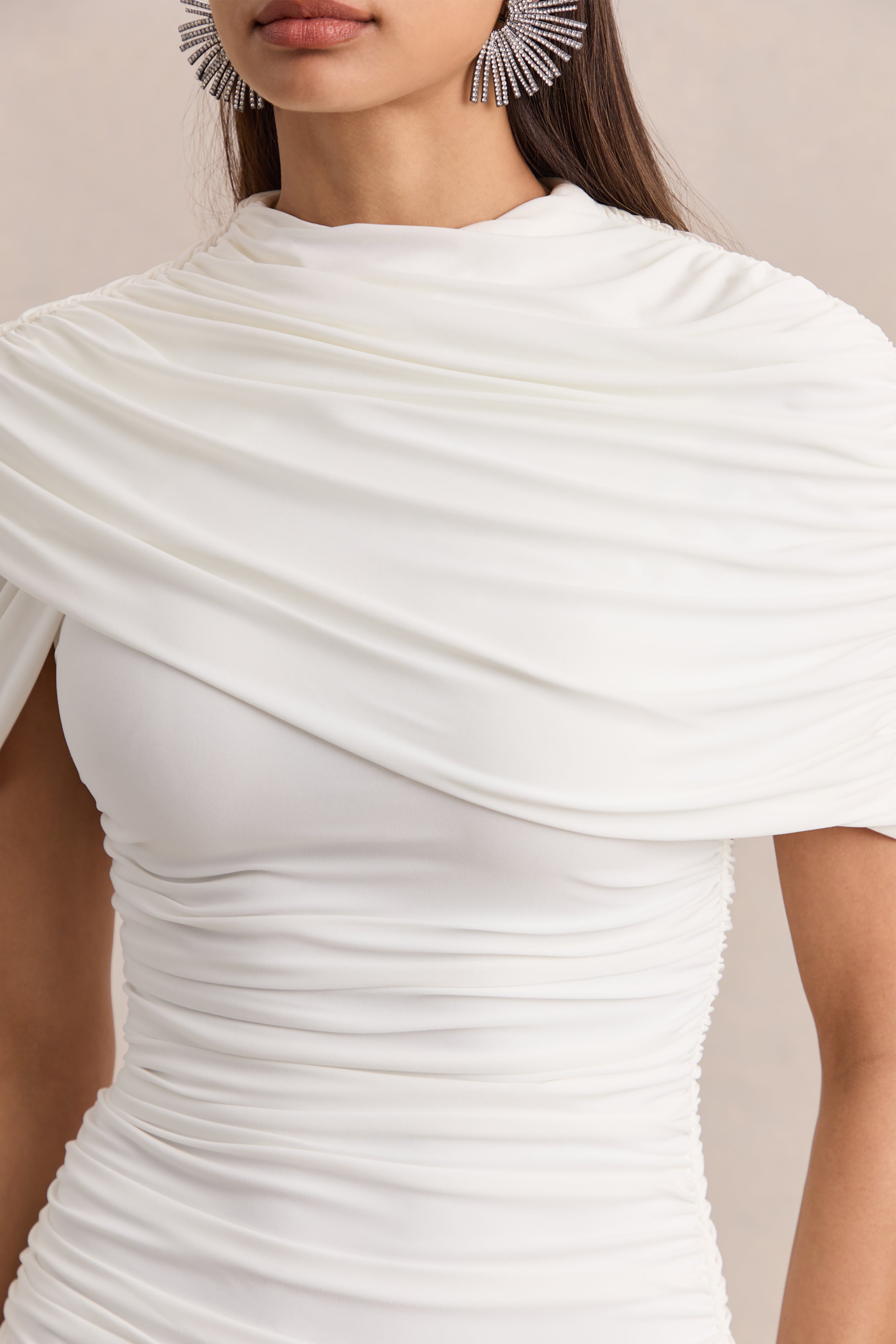 Fenella | White High-Neck Mini Dress With Cape-Sleeves And Ruched Detailing-Sowoom