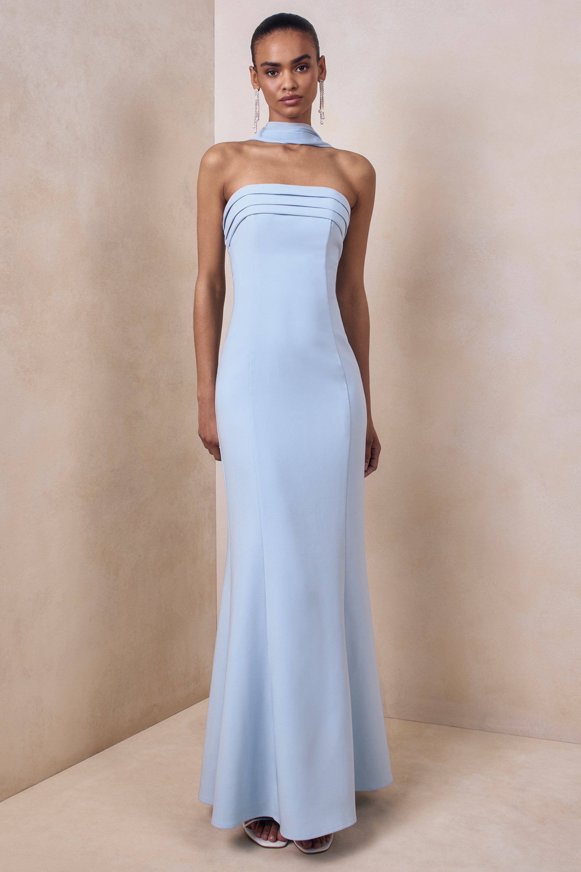 Nerissa | Light Blue Bandeau Maxi Dress With Scarf-Sowoom