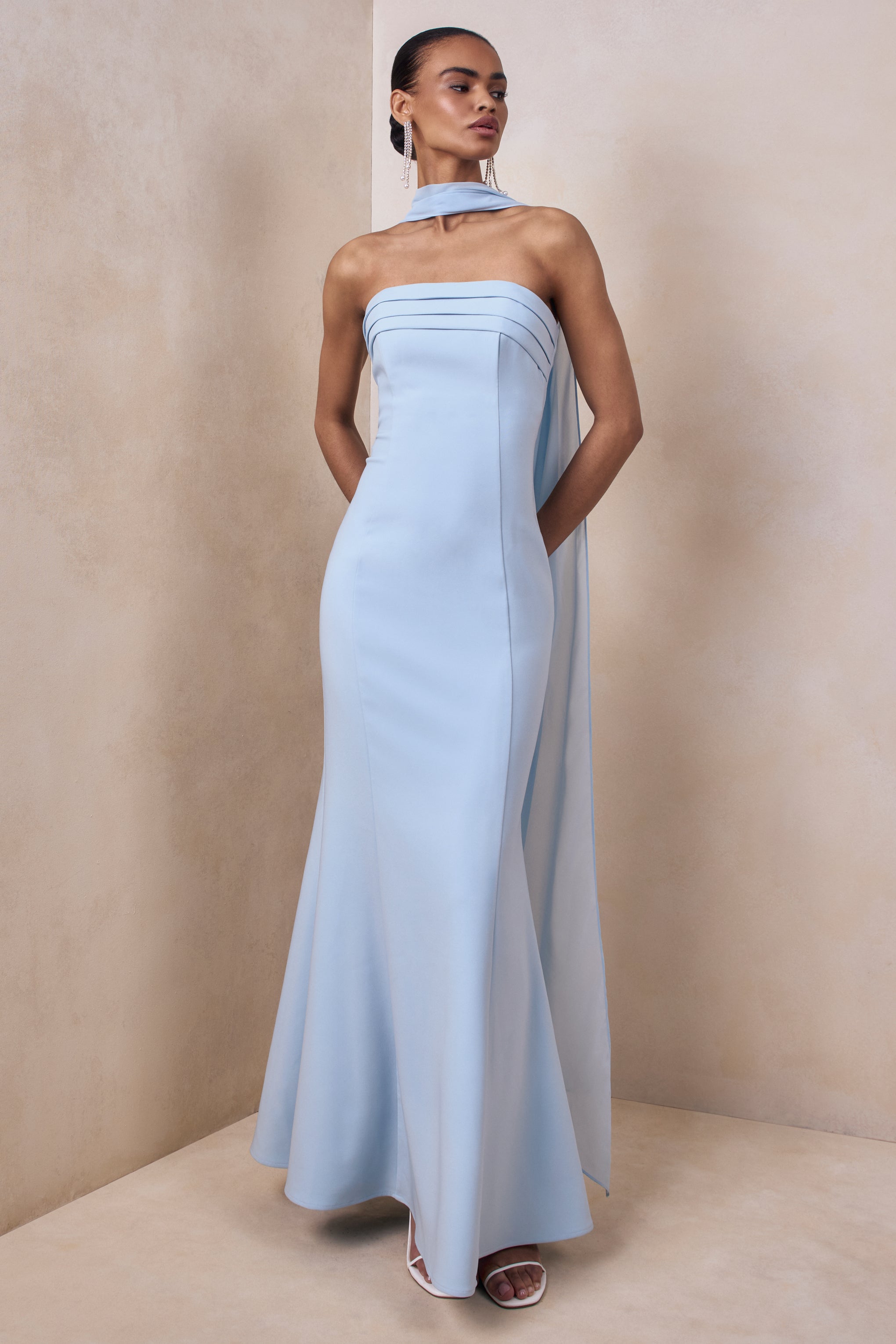 Nerissa | Light Blue Bandeau Maxi Dress With Scarf-Sowoom