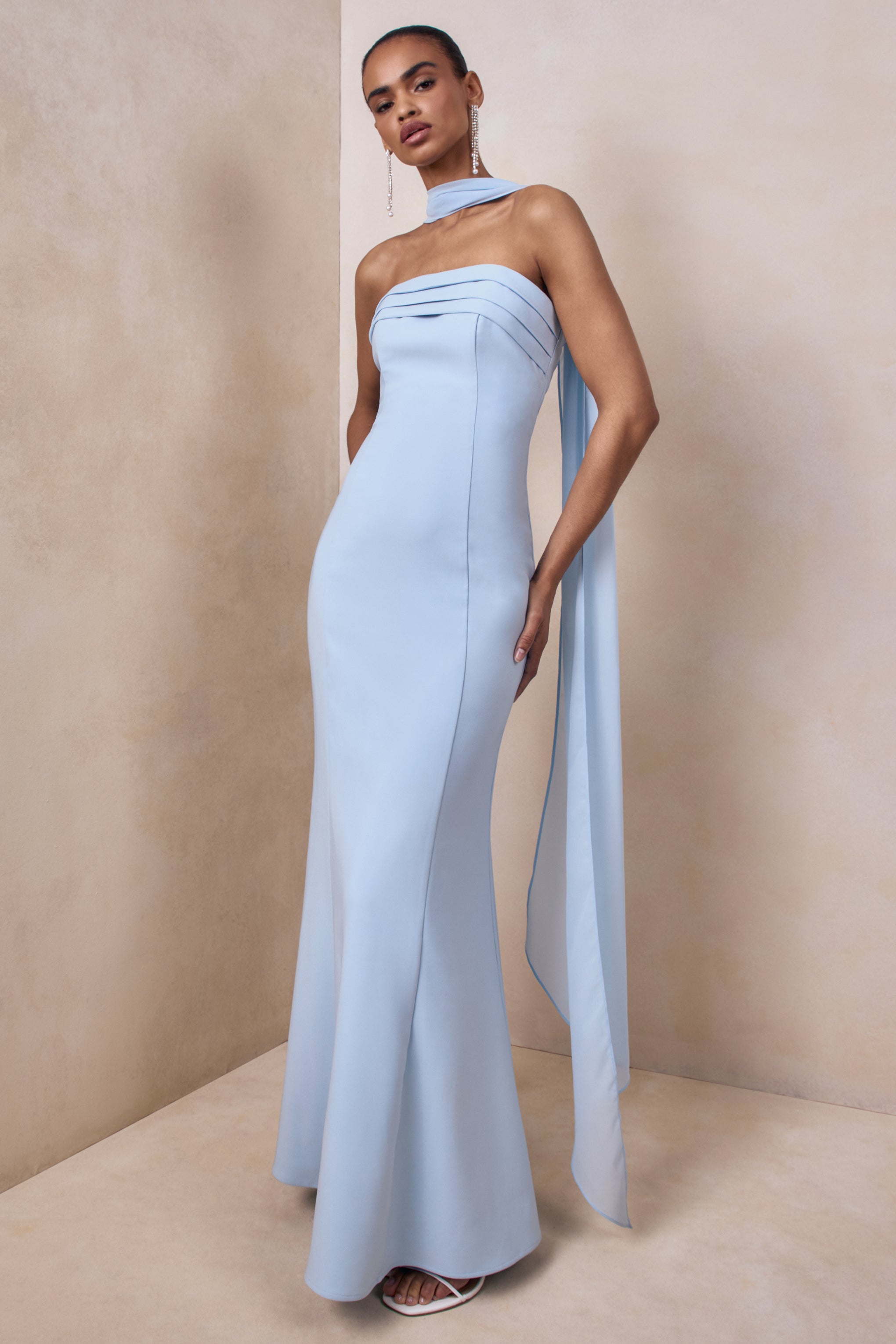Nerissa | Light Blue Bandeau Maxi Dress With Scarf-Sowoom