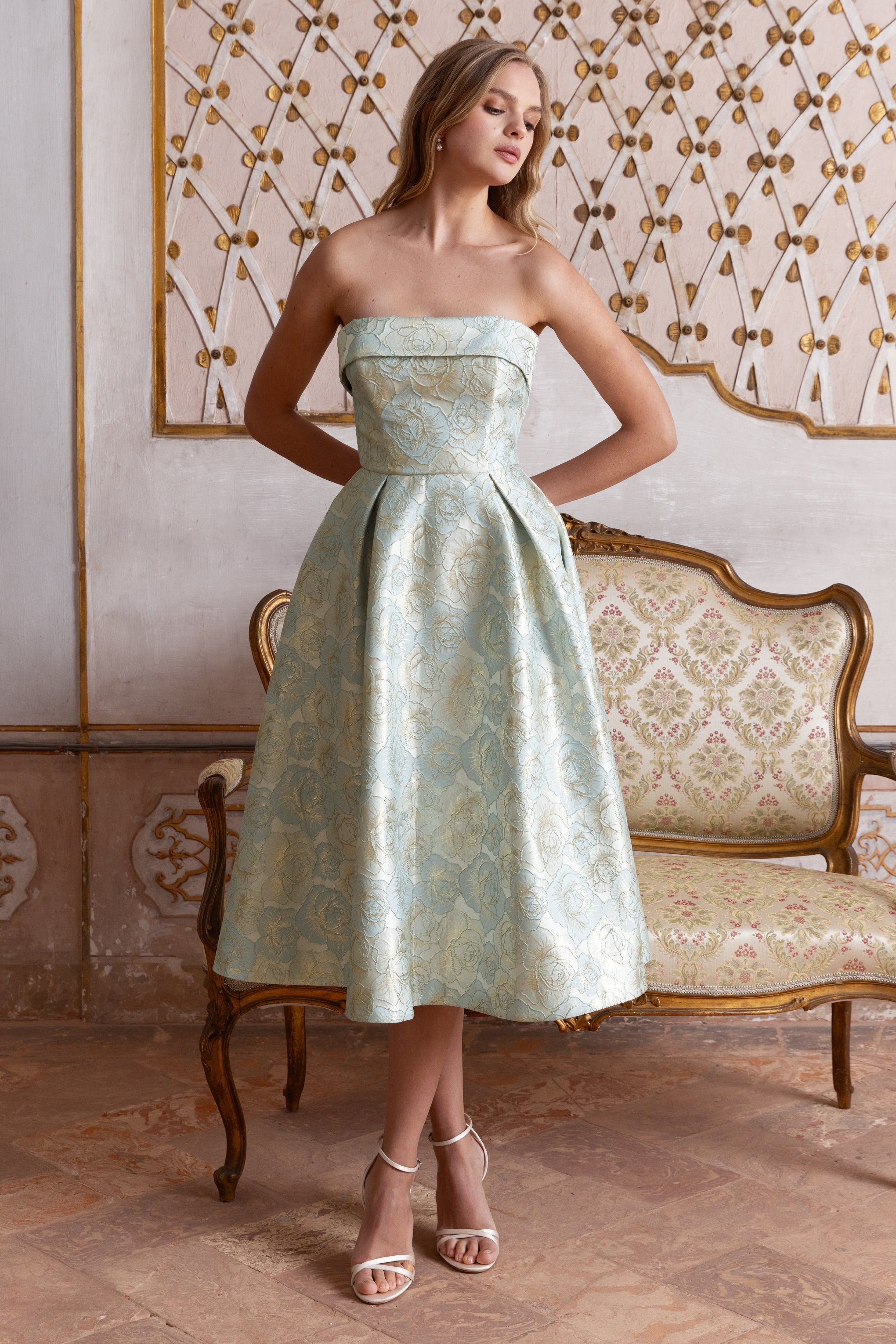 Tori | Powder Blue Jacquard Bandeau Skater Midi Dress-Sowoom