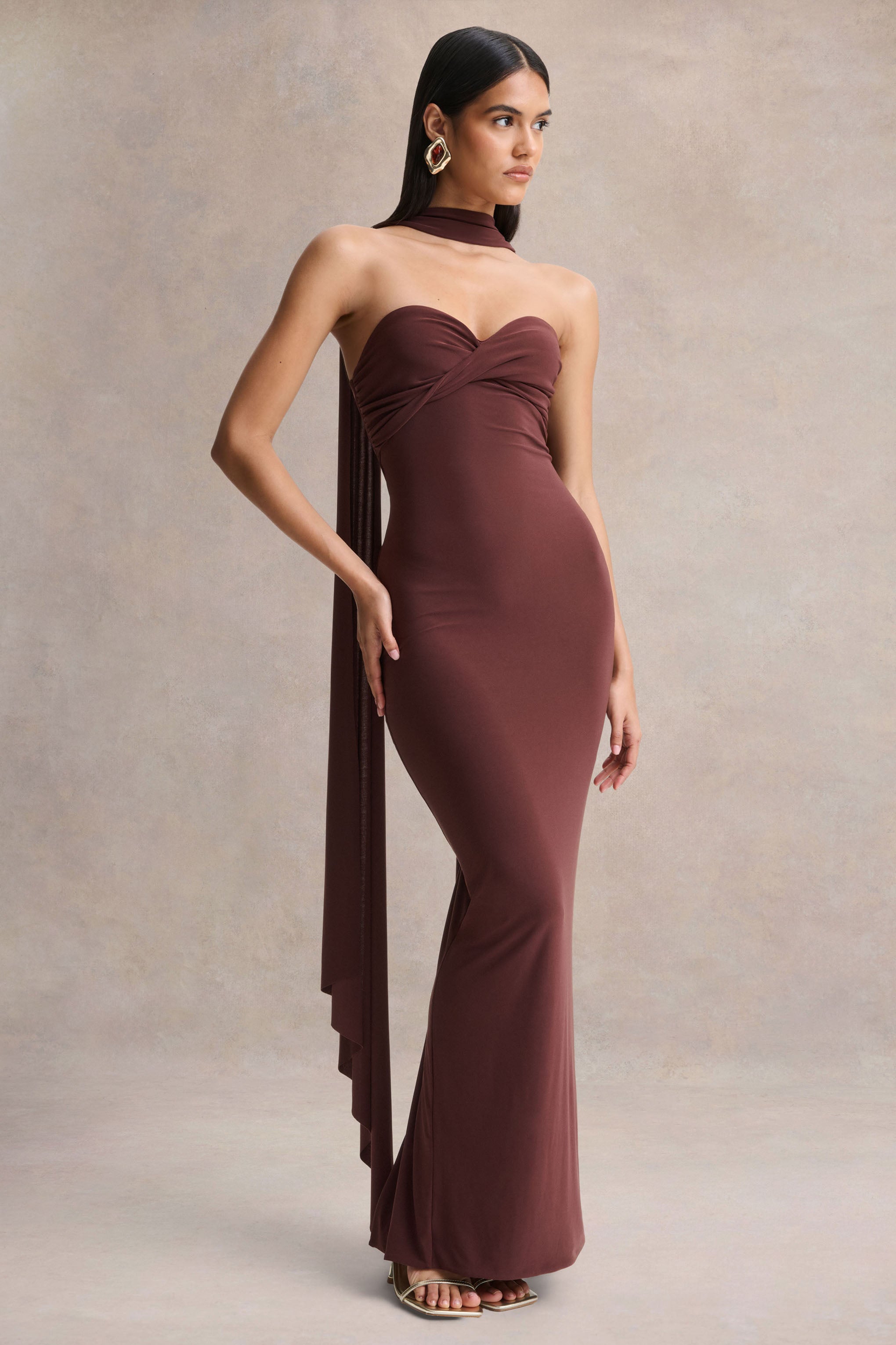 Sheila | Dark Brown Bandeau Maxi Dress With Scarf Detail-Sowoom