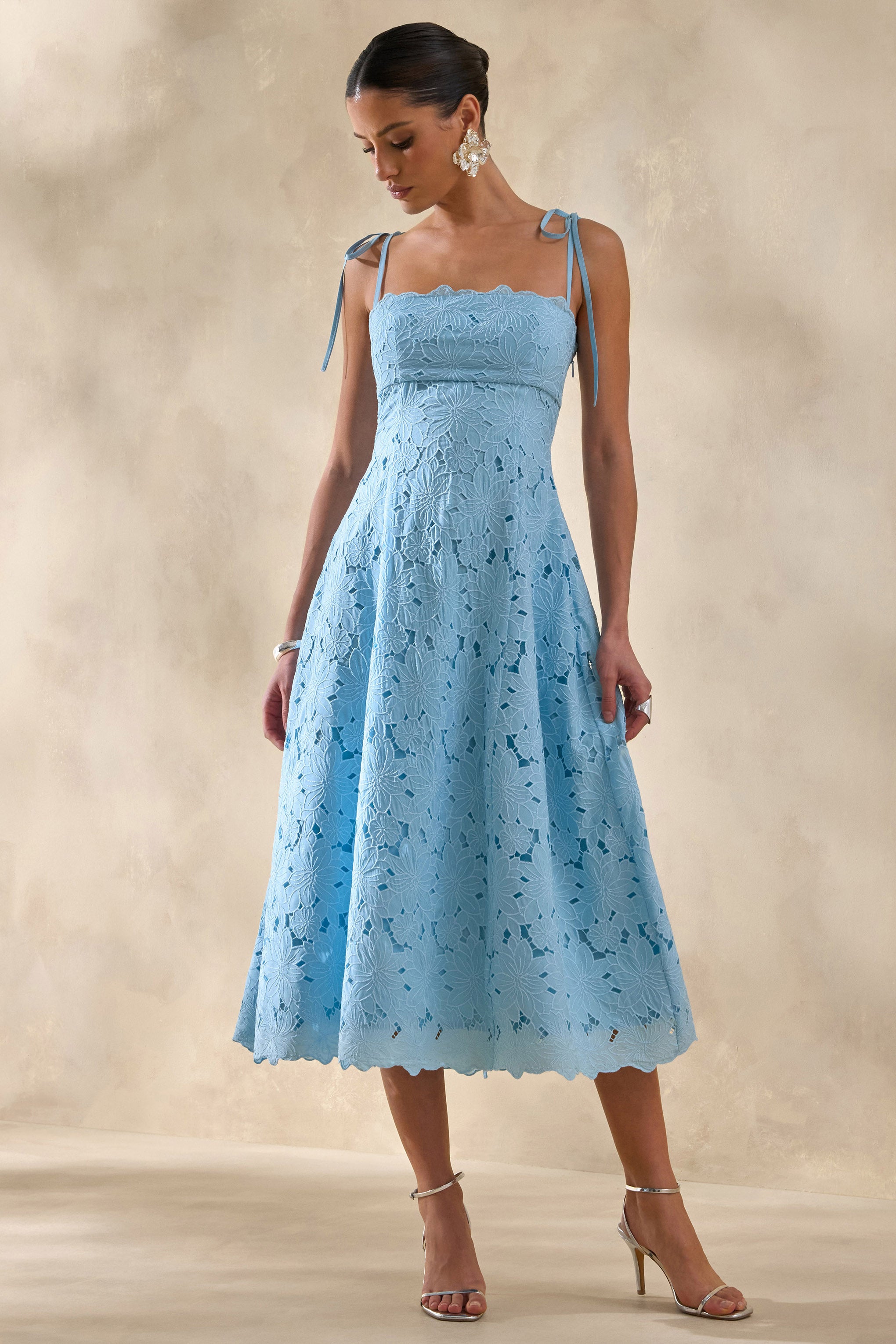 Anna | Powder Blue Square-Neck Midi Dress-Sowoom