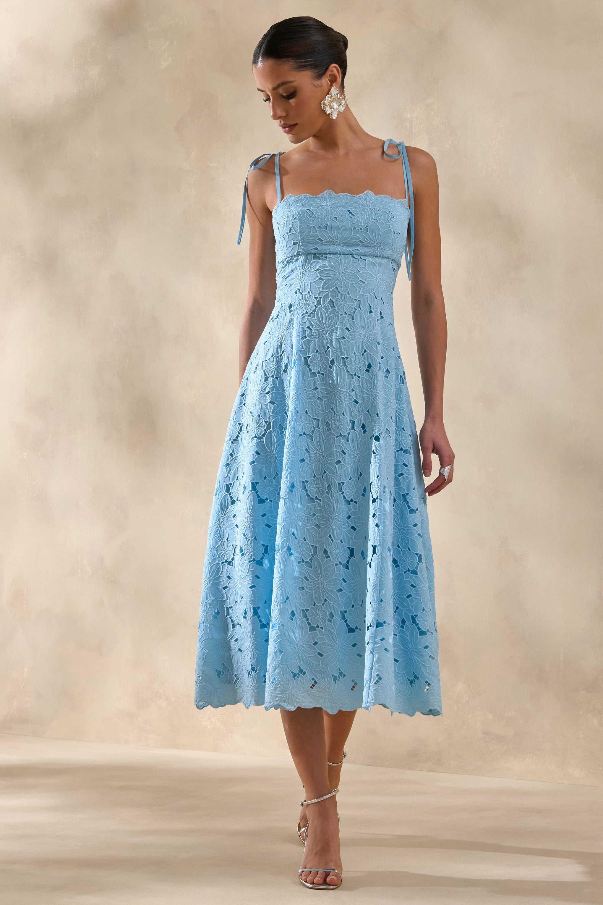 Anna | Powder Blue Square-Neck Midi Dress-Sowoom