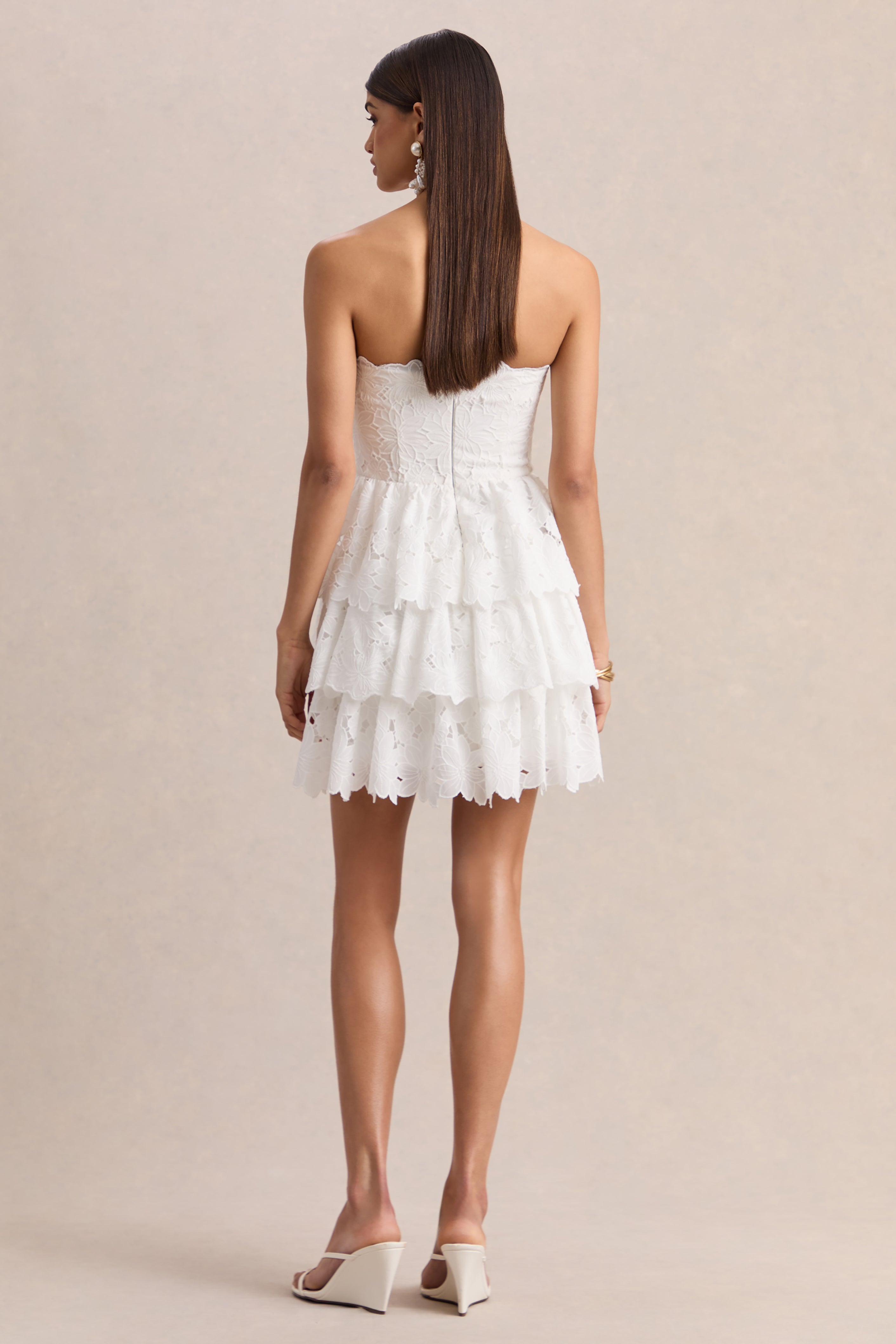 Winona | White Lace Square-Neck Mini Dress With Ruffled Detailing-Sowoom