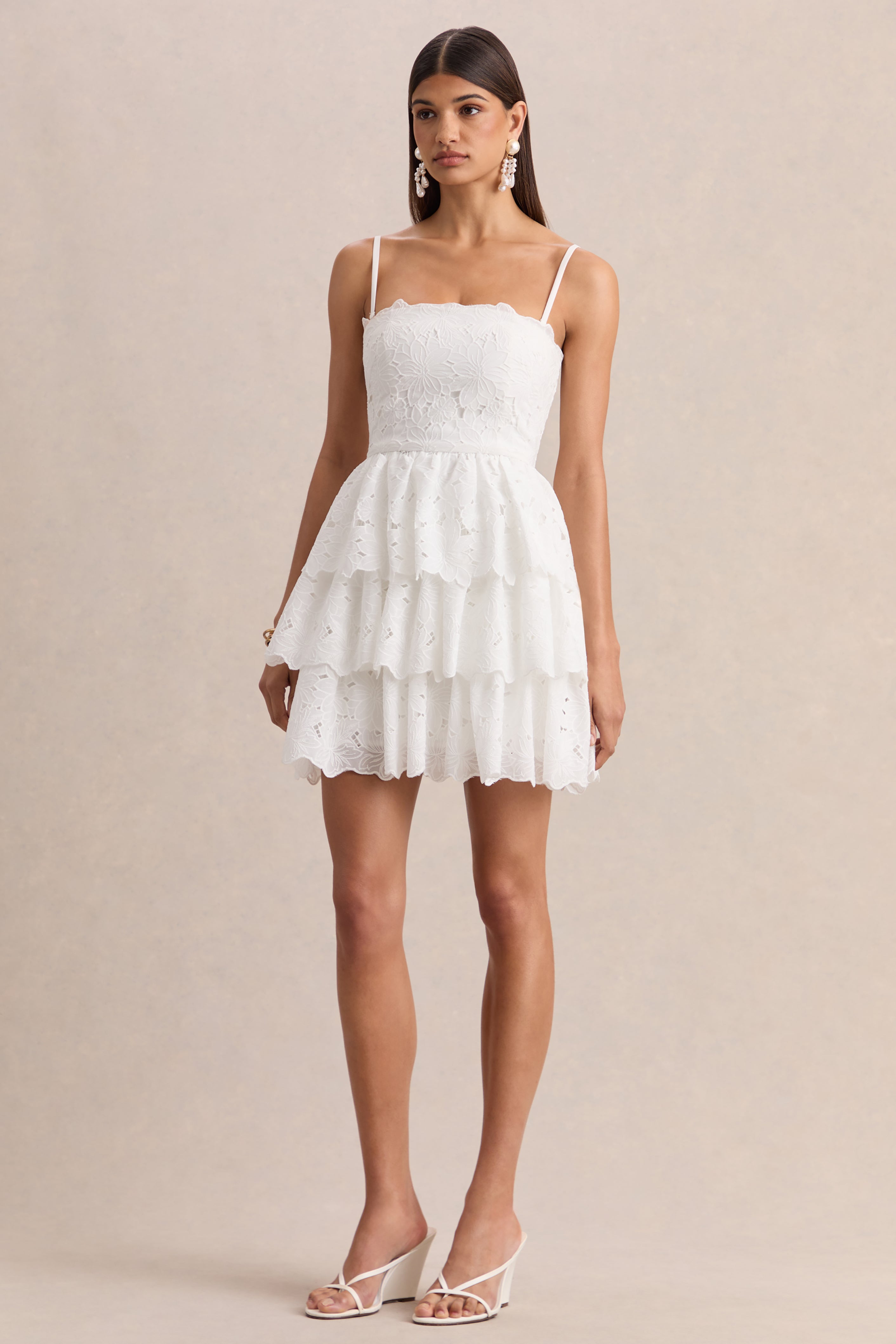 Winona | White Lace Square-Neck Mini Dress With Ruffled Detailing-Sowoom