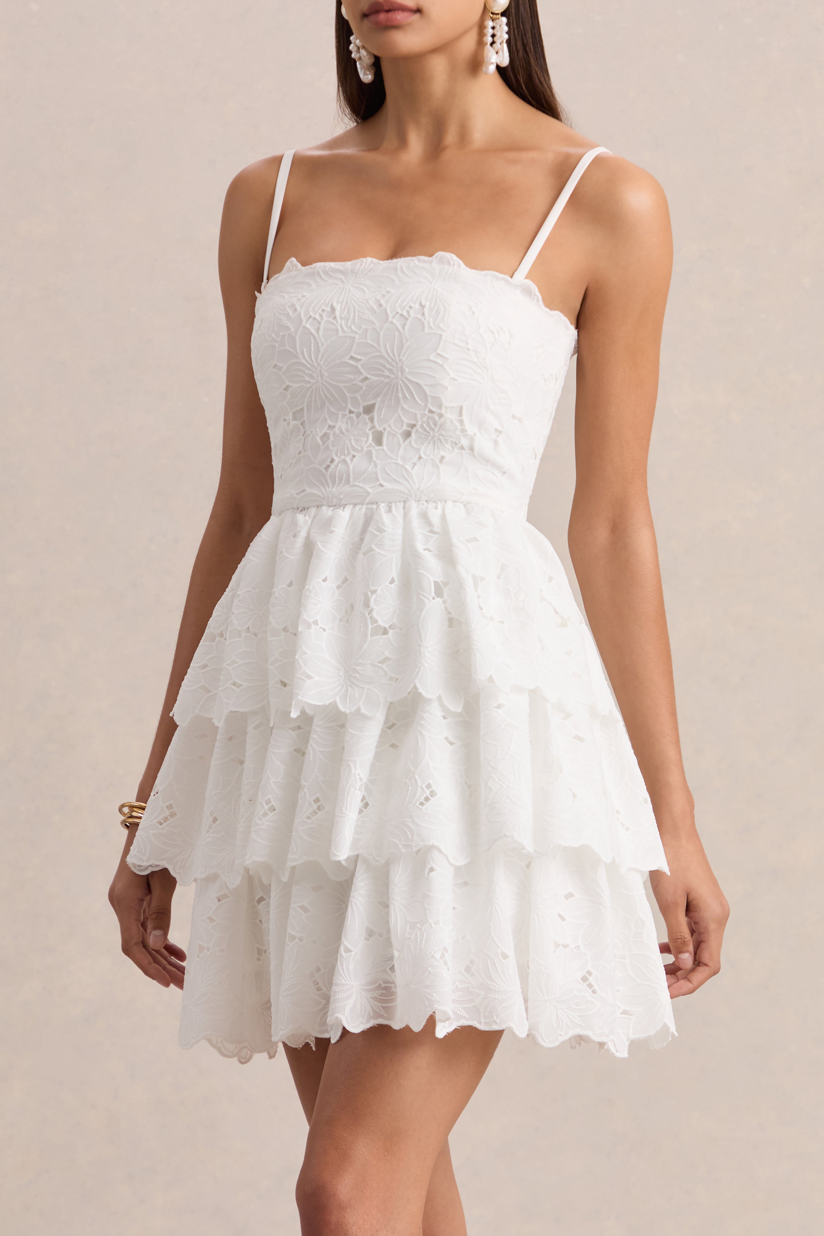 Winona | White Lace Square-Neck Mini Dress With Ruffled Detailing-Sowoom