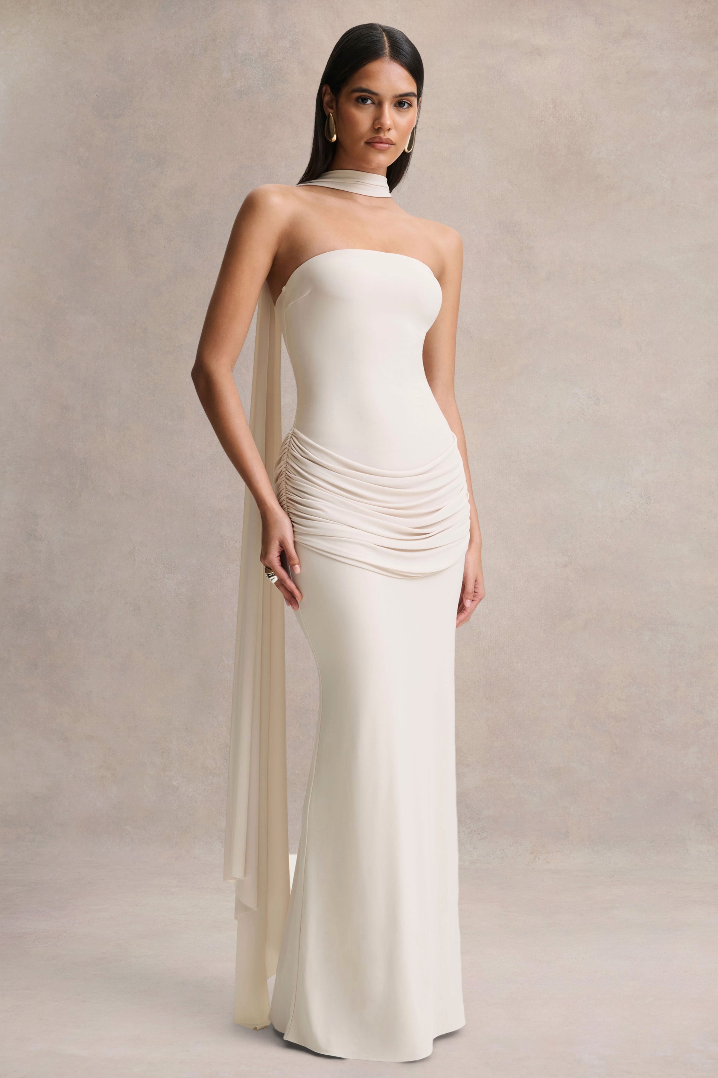 Graciella | Stone Bandeau Maxi Dress With Draped Detailing And Scarf-Sowoom