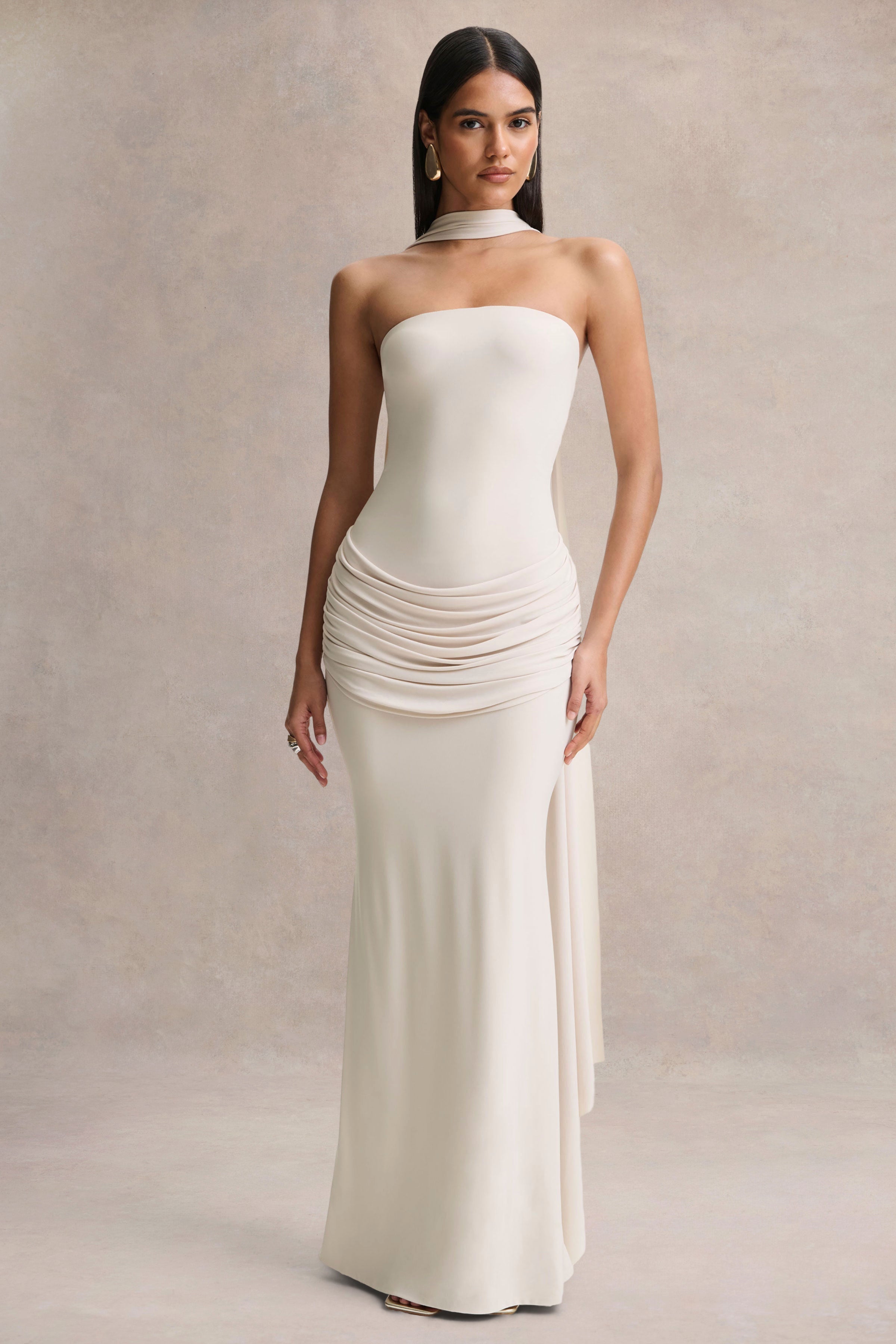 Graciella | Stone Bandeau Maxi Dress With Draped Detailing And Scarf-Sowoom