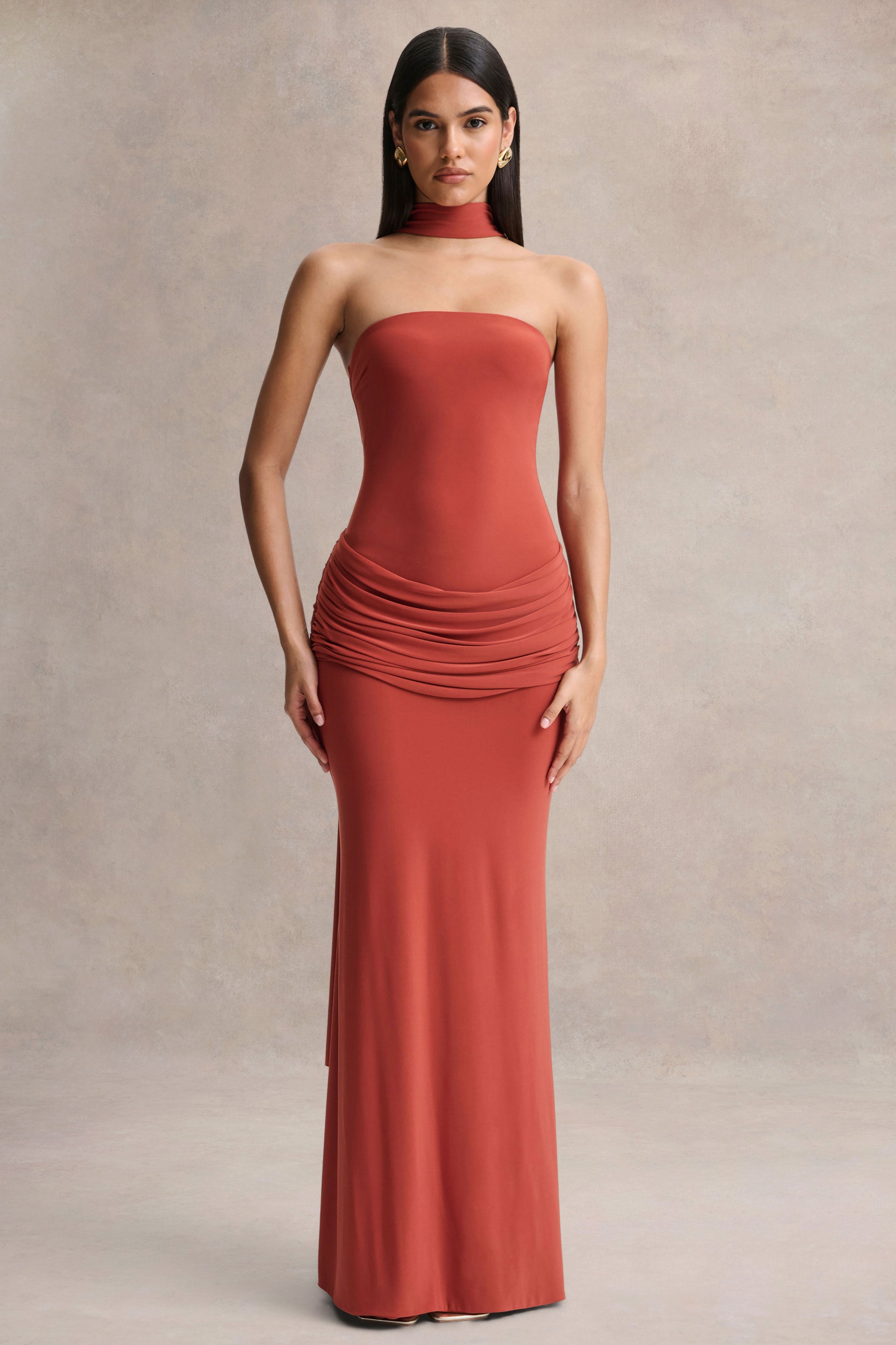 Graciella | Rust Bandeau Maxi Dress With Draped Detailing And Scarf-Sowoom