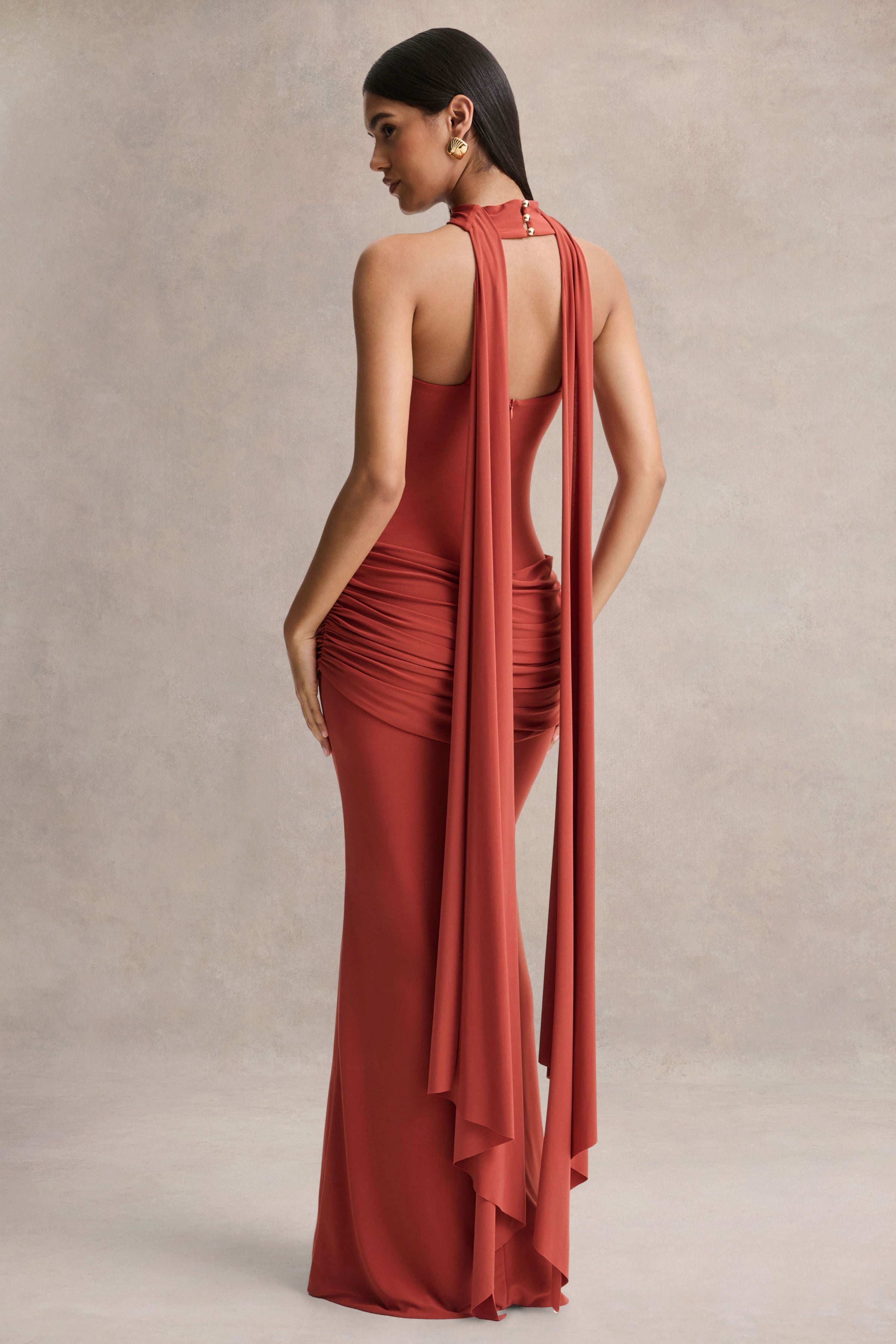 Graciella | Rust Bandeau Maxi Dress With Draped Detailing And Scarf-Sowoom