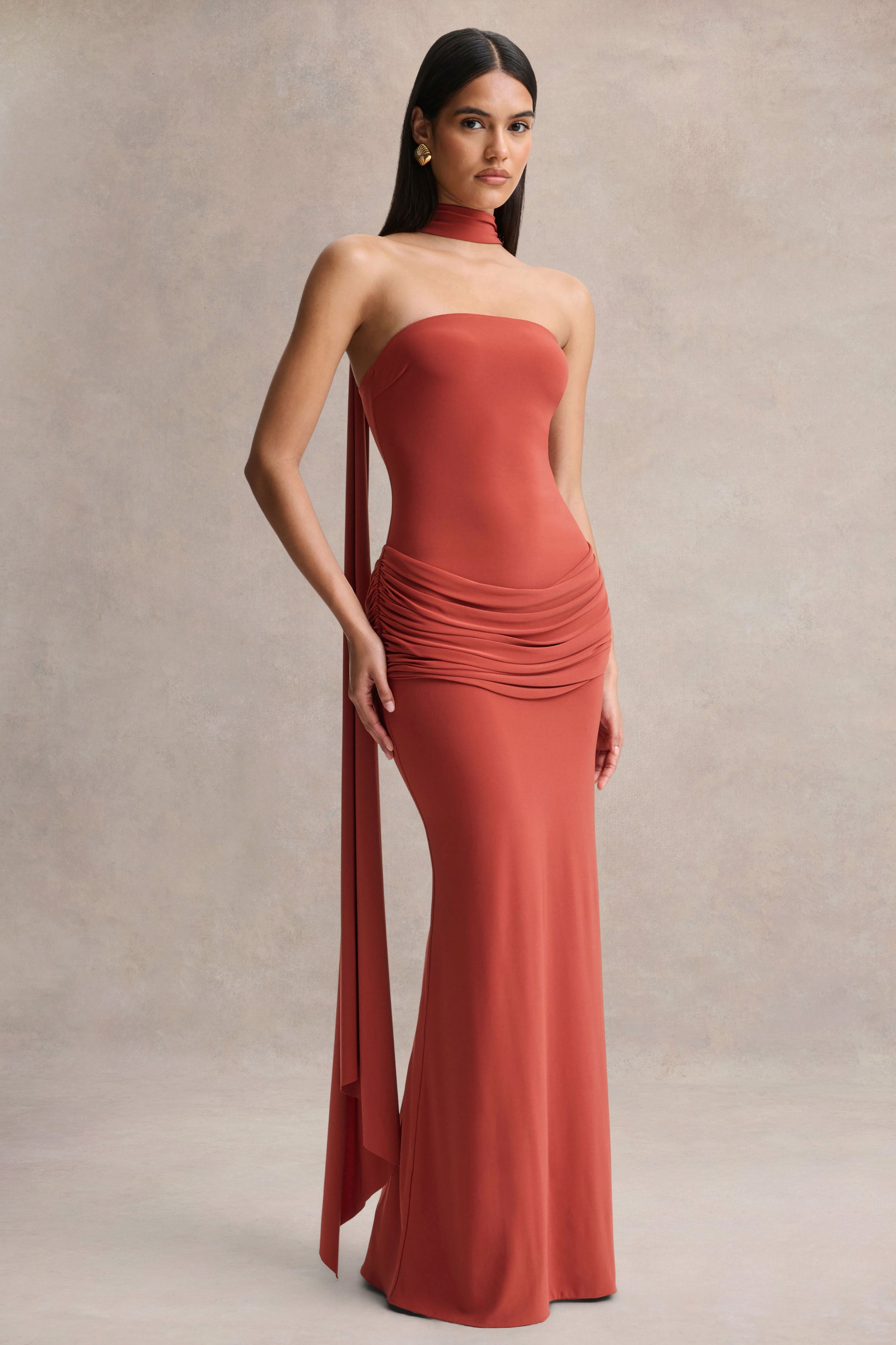 Graciella | Rust Bandeau Maxi Dress With Draped Detailing And Scarf-Sowoom