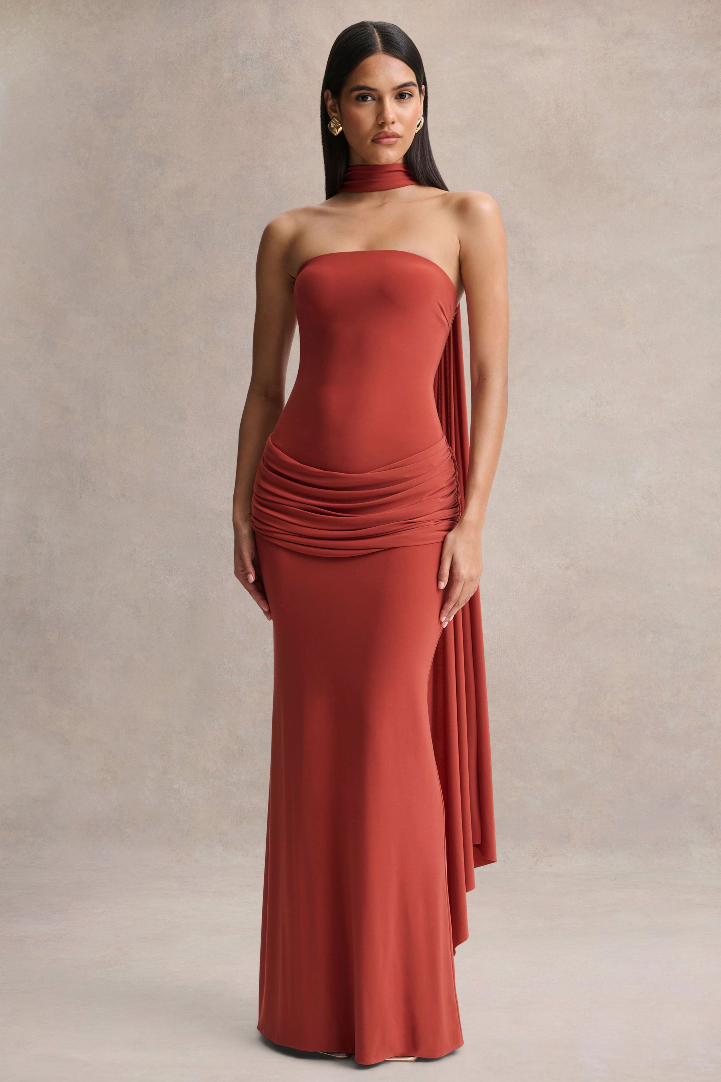 Graciella | Rust Bandeau Maxi Dress With Draped Detailing And Scarf-Sowoom