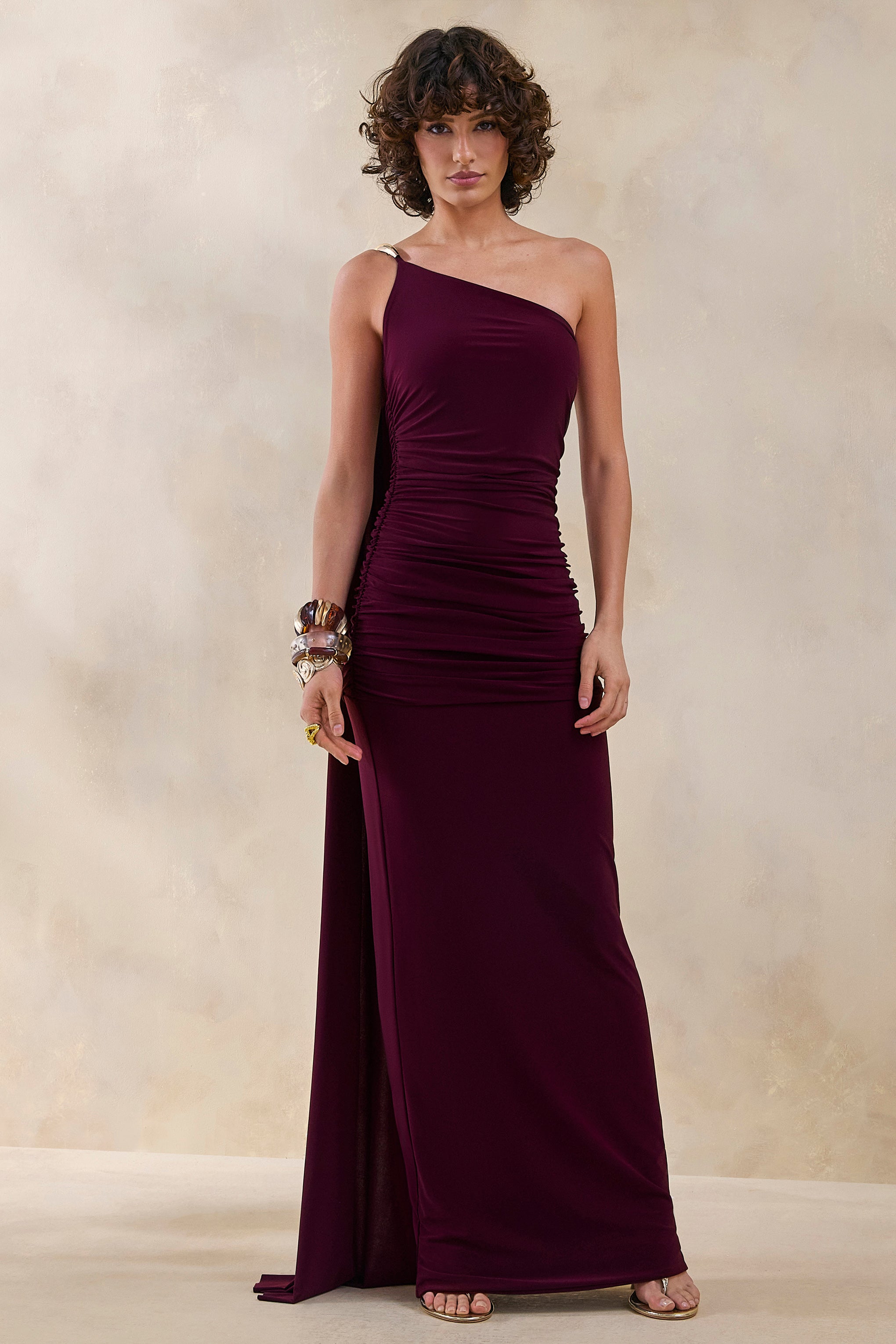Bettine | Burgundy Asymmetric-Neck Maxi Dress With Cape-Sleeve-Sowoom