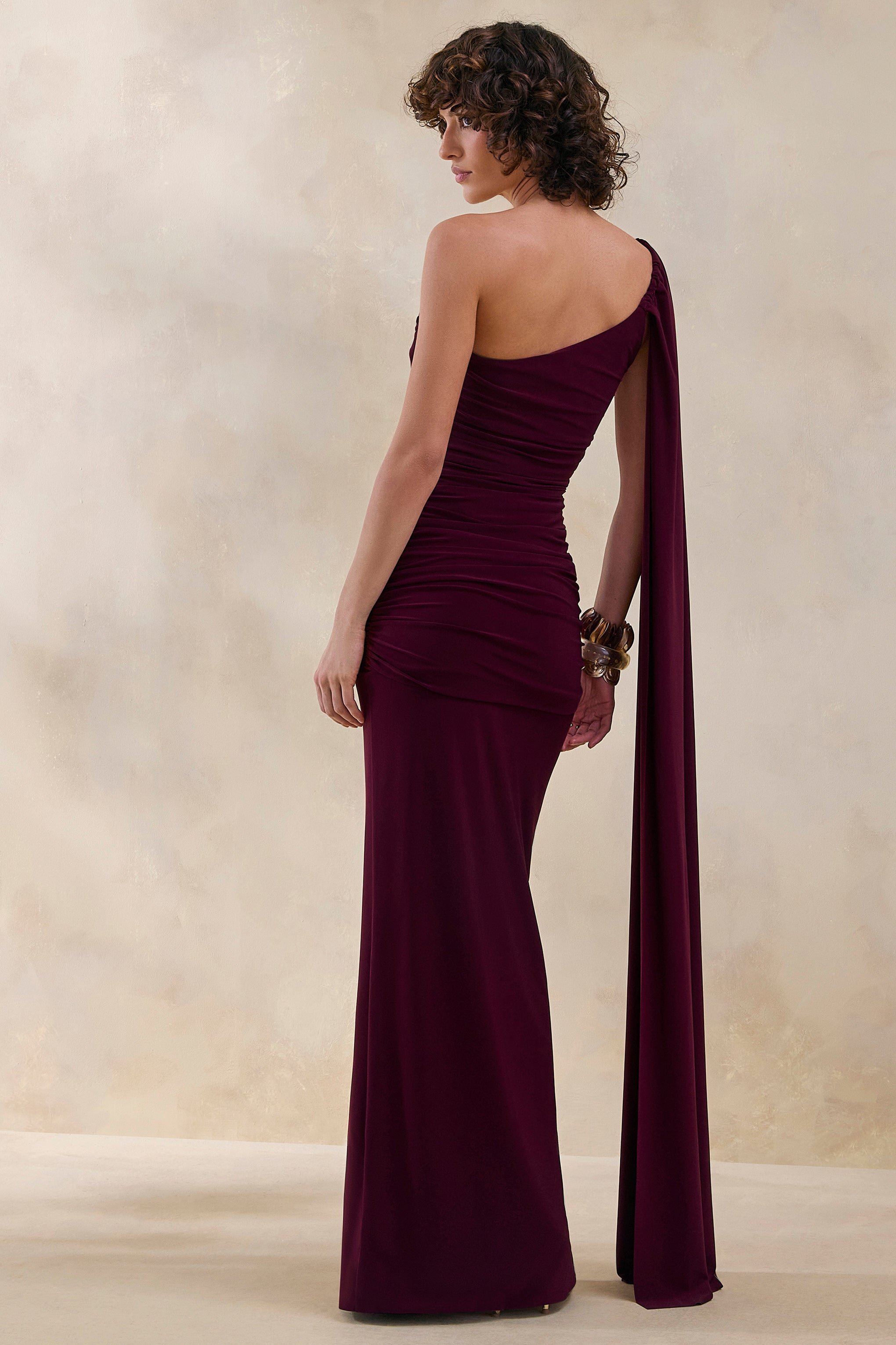 Bettine | Burgundy Asymmetric-Neck Maxi Dress With Cape-Sleeve-Sowoom