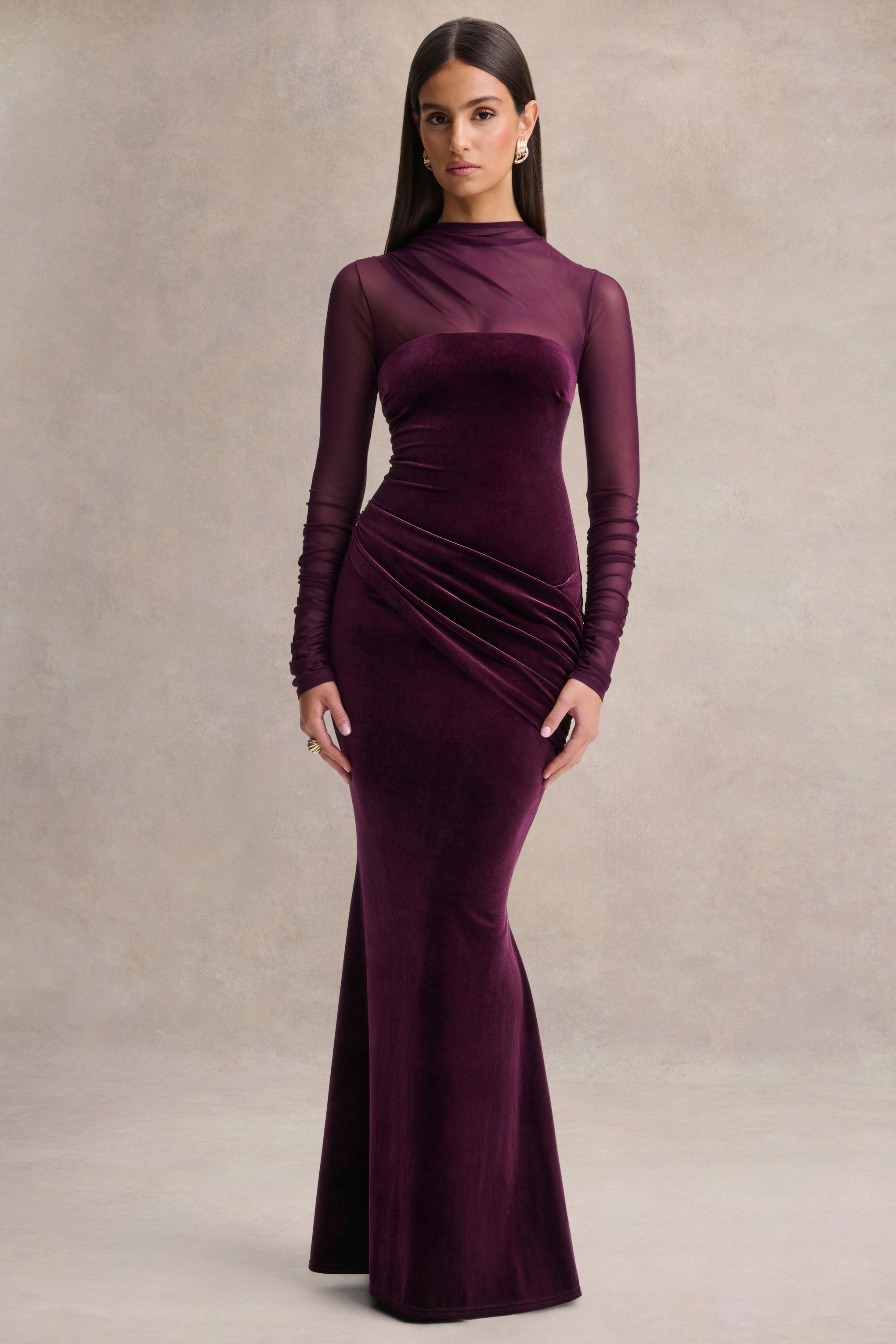 Cambria | Plum Velvet High-Neck Maxi Dress With Draped-Detailing-Sowoom