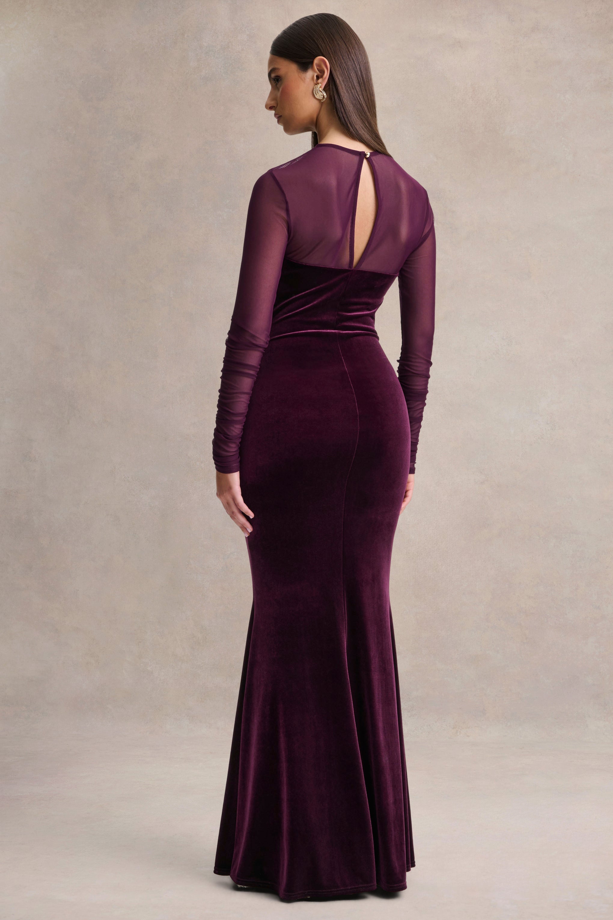 Cambria | Plum Velvet High-Neck Maxi Dress With Draped-Detailing-Sowoom