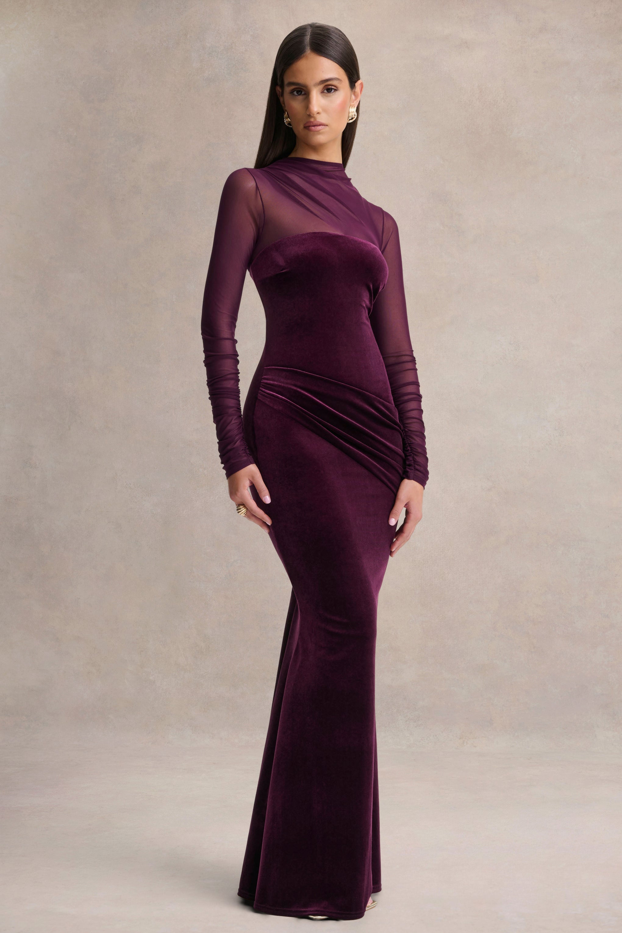 Cambria | Plum Velvet High-Neck Maxi Dress With Draped-Detailing-Sowoom