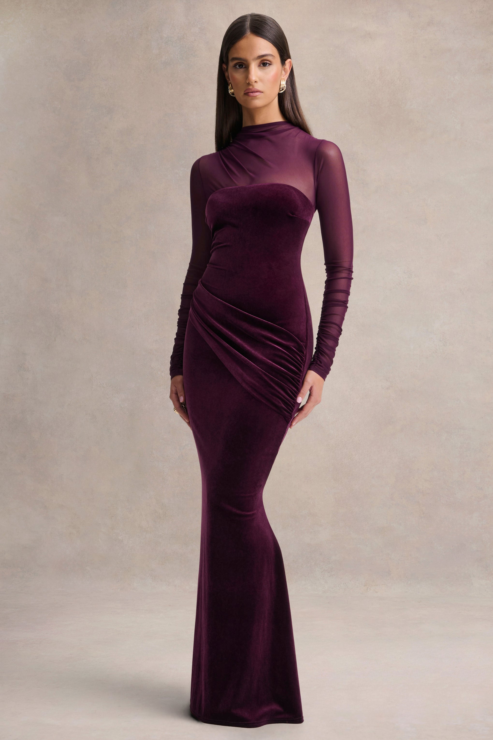 Cambria | Plum Velvet High-Neck Maxi Dress With Draped-Detailing-Sowoom