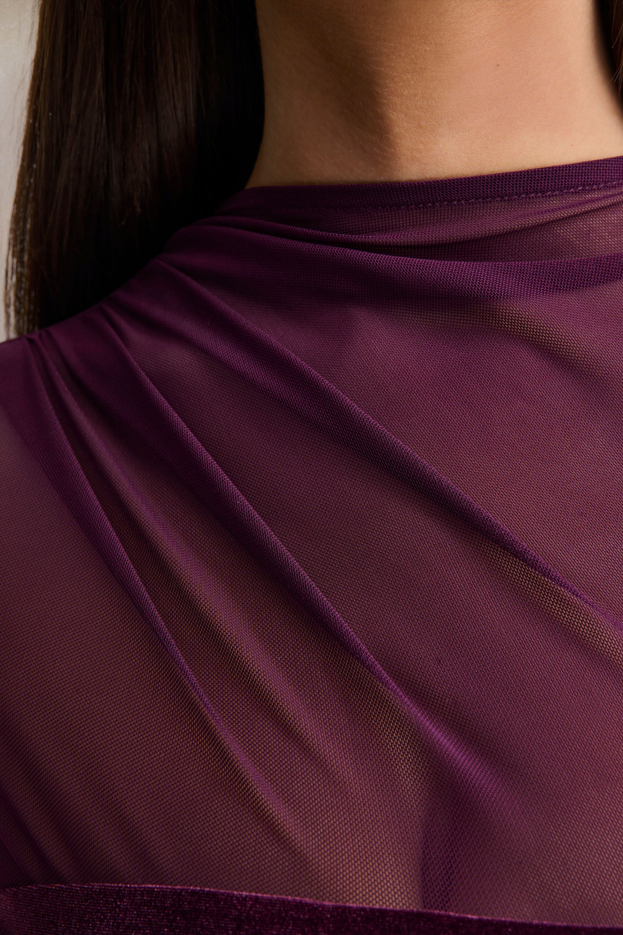 Cambria | Plum Velvet High-Neck Maxi Dress With Draped-Detailing-Sowoom