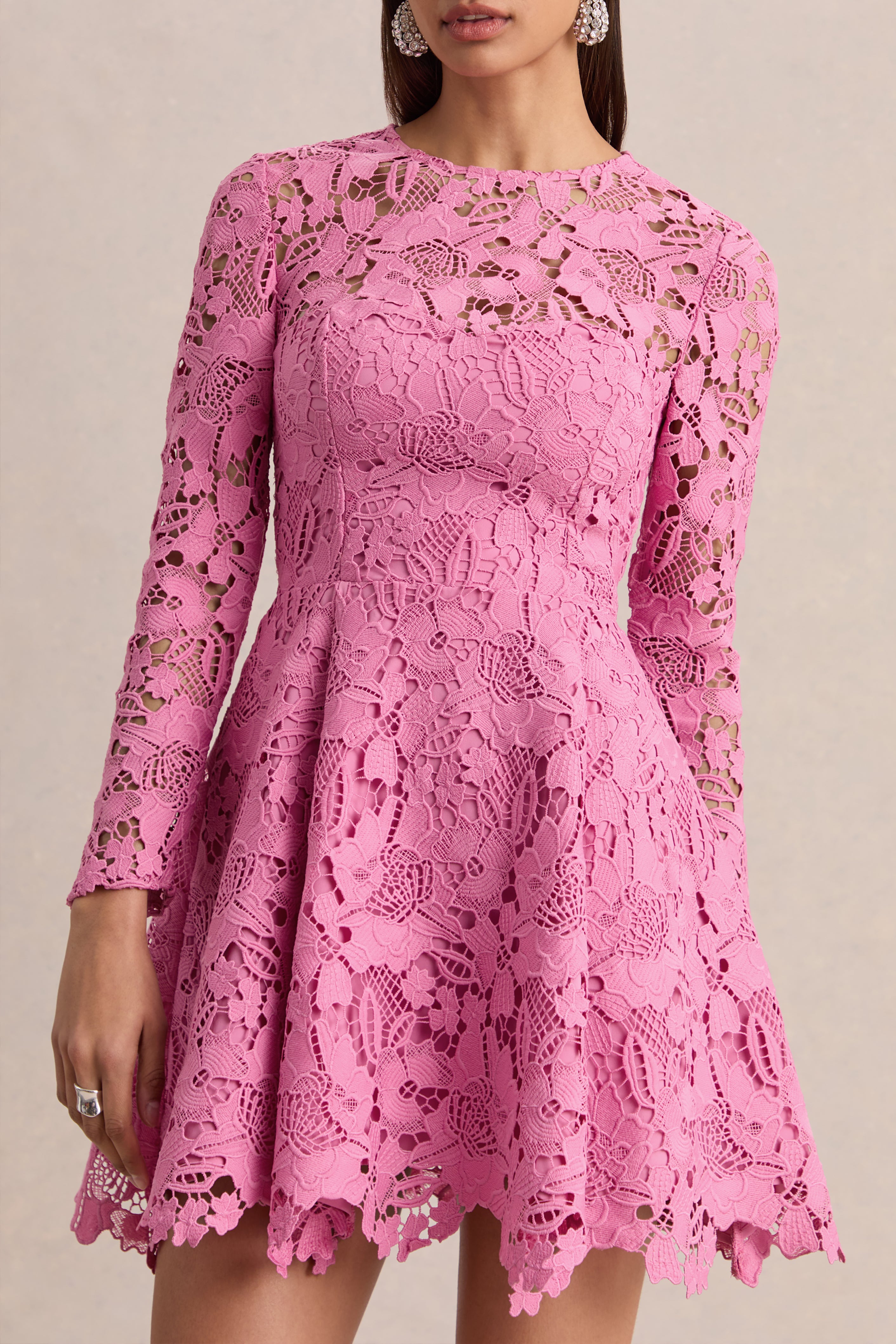 Morina | Pink Lace High-Neck Mini Dress-Sowoom