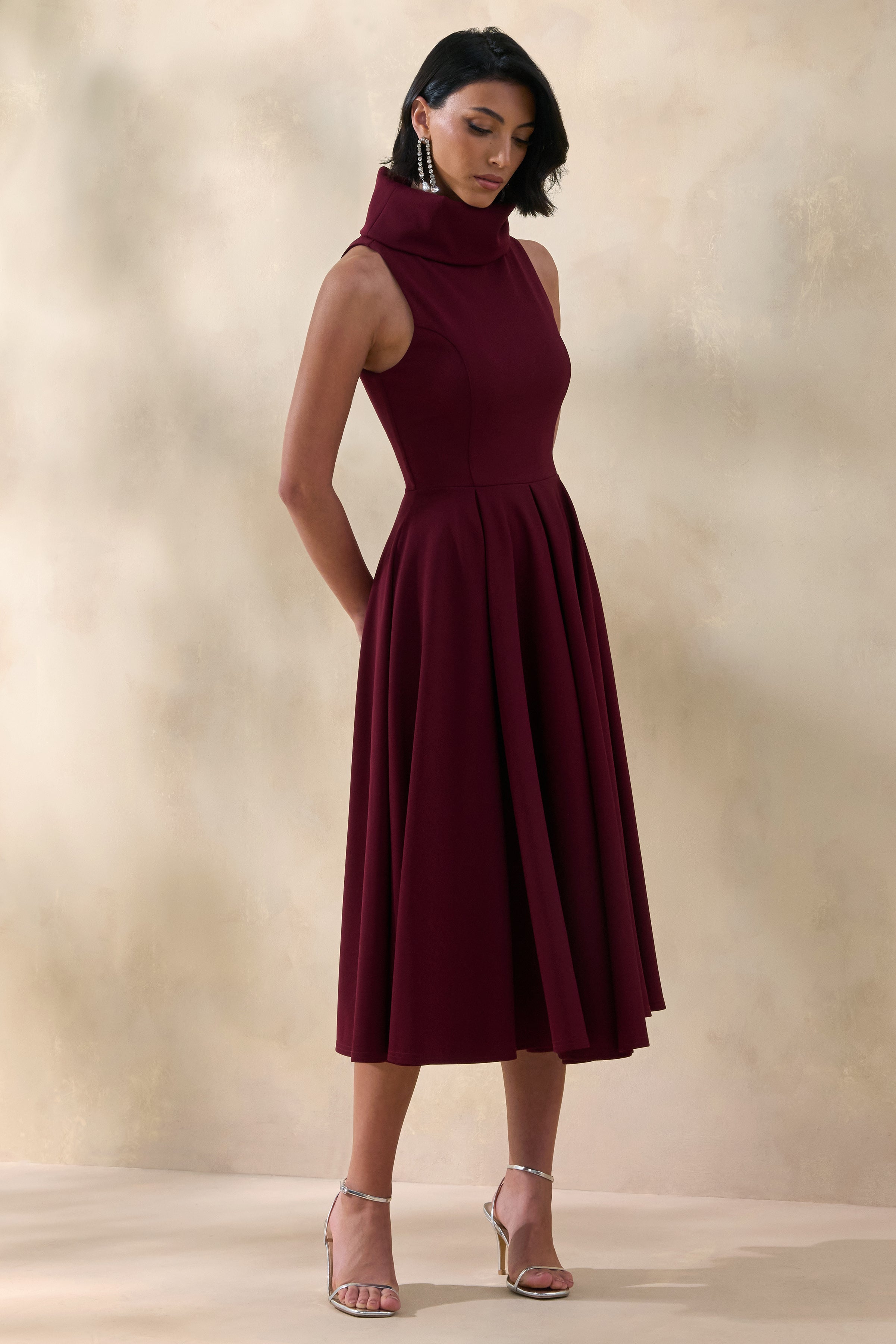 Exclusivity | Burgundy High-Neck Midi Dress-Sowoom