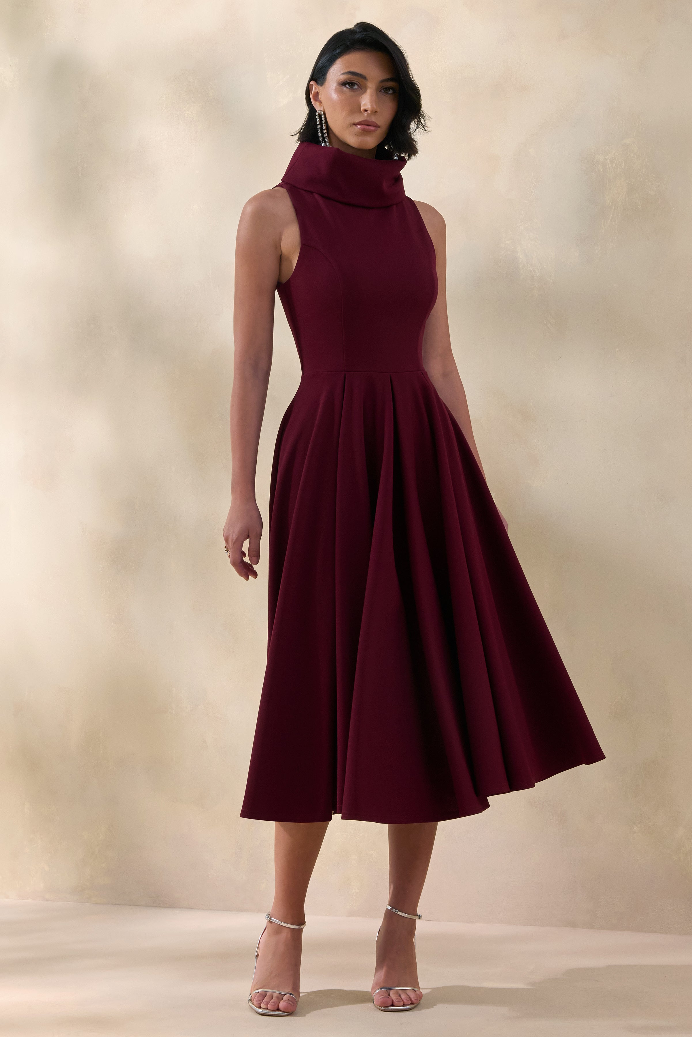 Exclusivity | Burgundy High-Neck Midi Dress-Sowoom