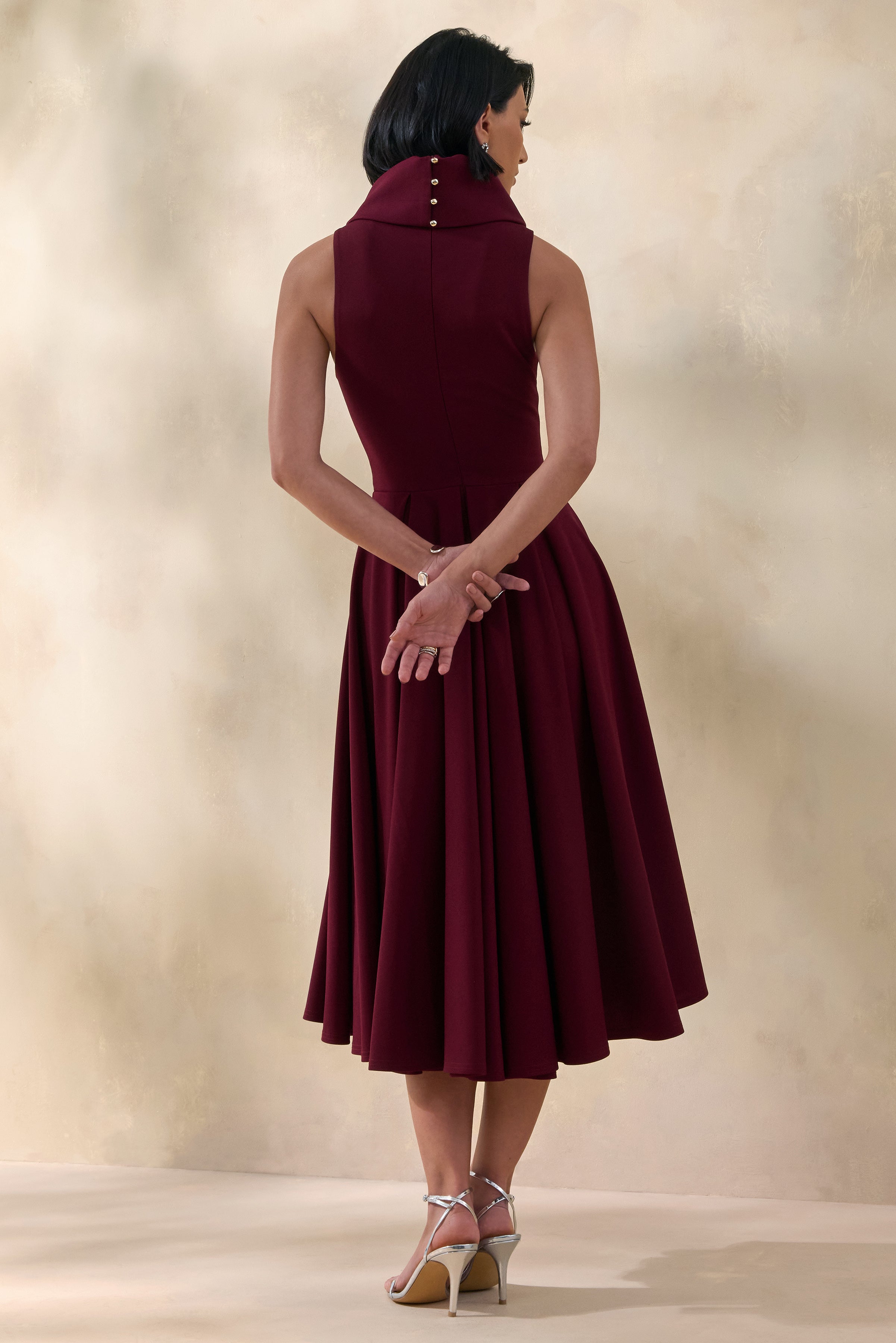 Exclusivity | Burgundy High-Neck Midi Dress-Sowoom