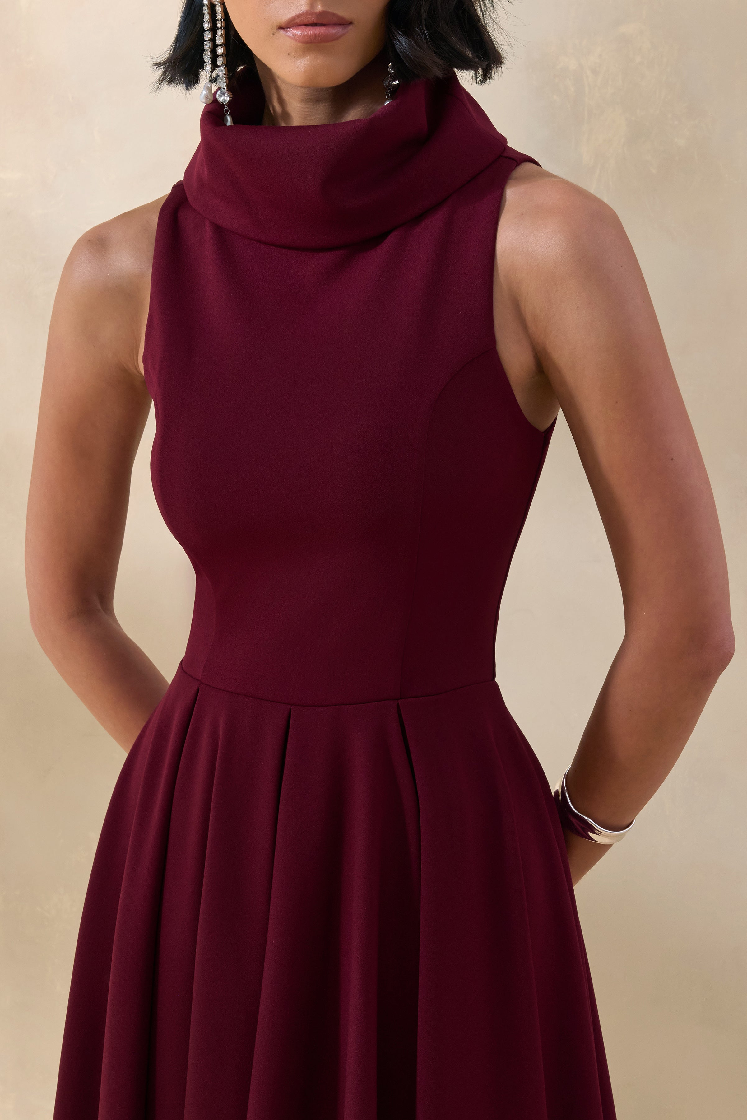 Exclusivity | Burgundy High-Neck Midi Dress-Sowoom