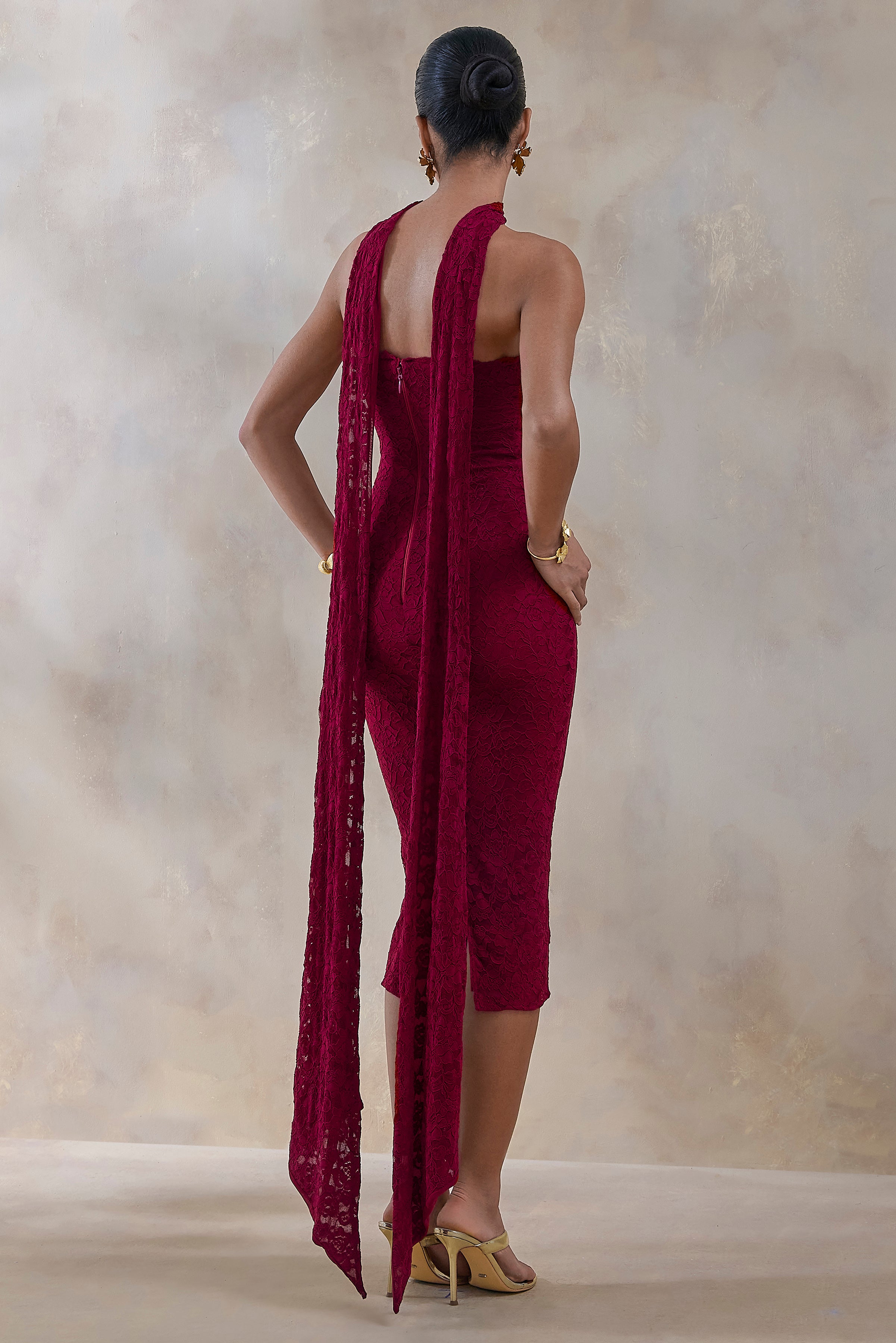 Rosaria | Burgundy Lace Bandeau Midi Dress With Scarf-Detail-Sowoom