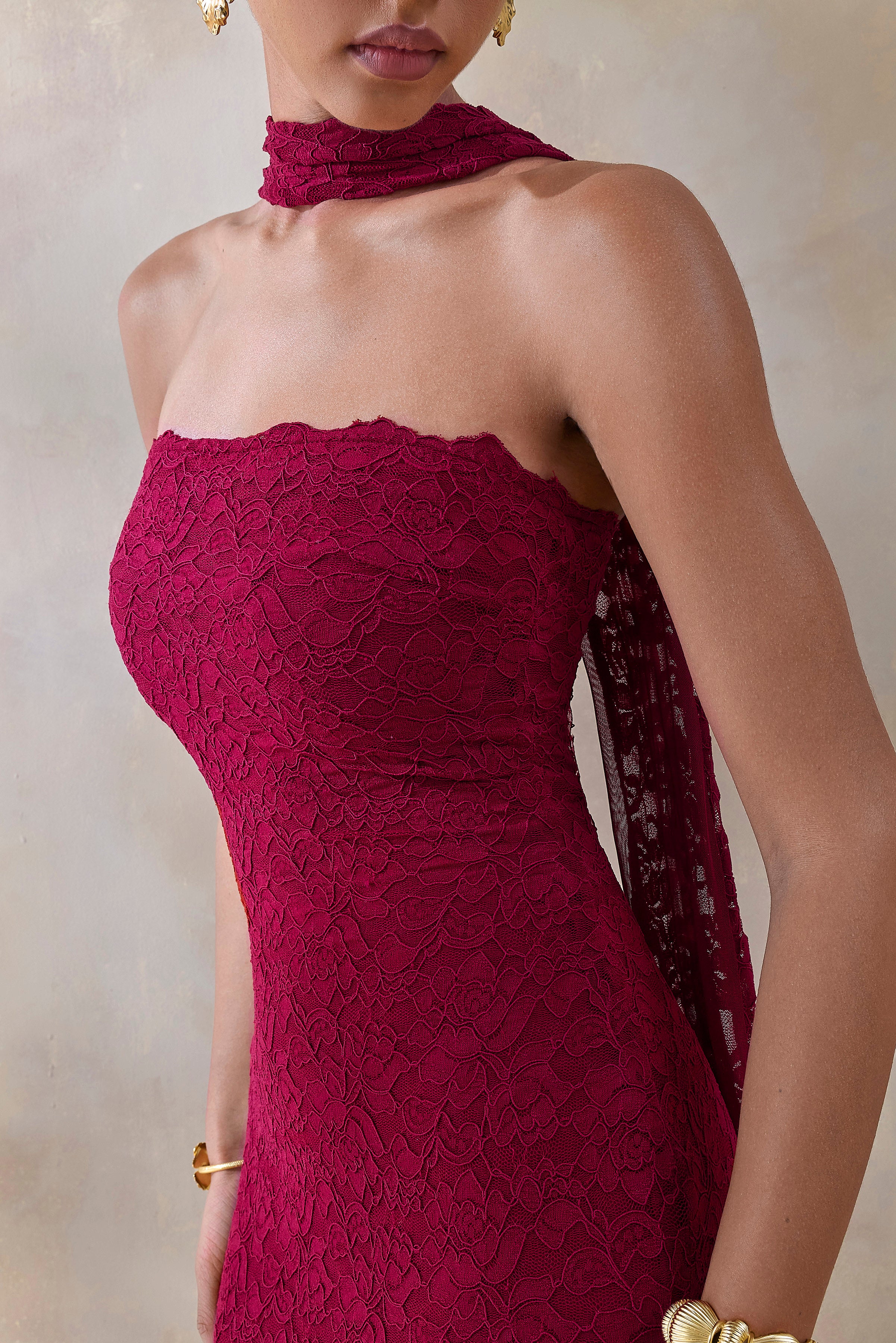 Rosaria | Burgundy Lace Bandeau Midi Dress With Scarf-Detail-Sowoom