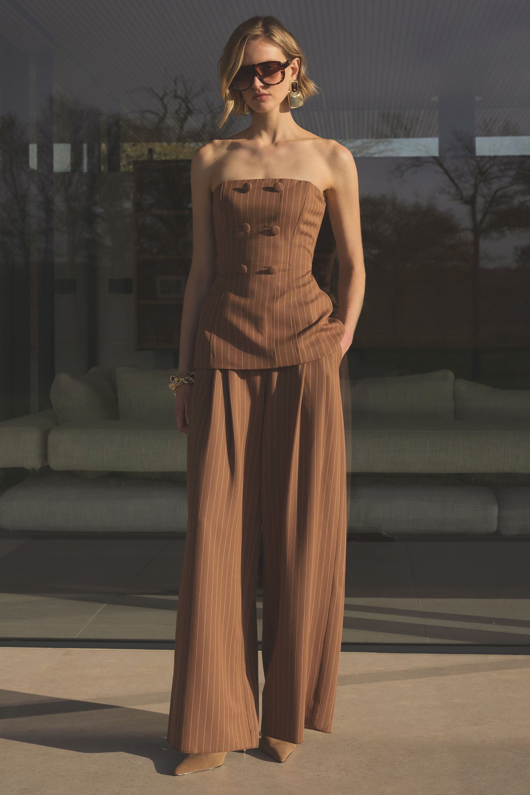 Meliva | Brown Pinstripe Wide-Leg Tailored Trouser-Sowoom