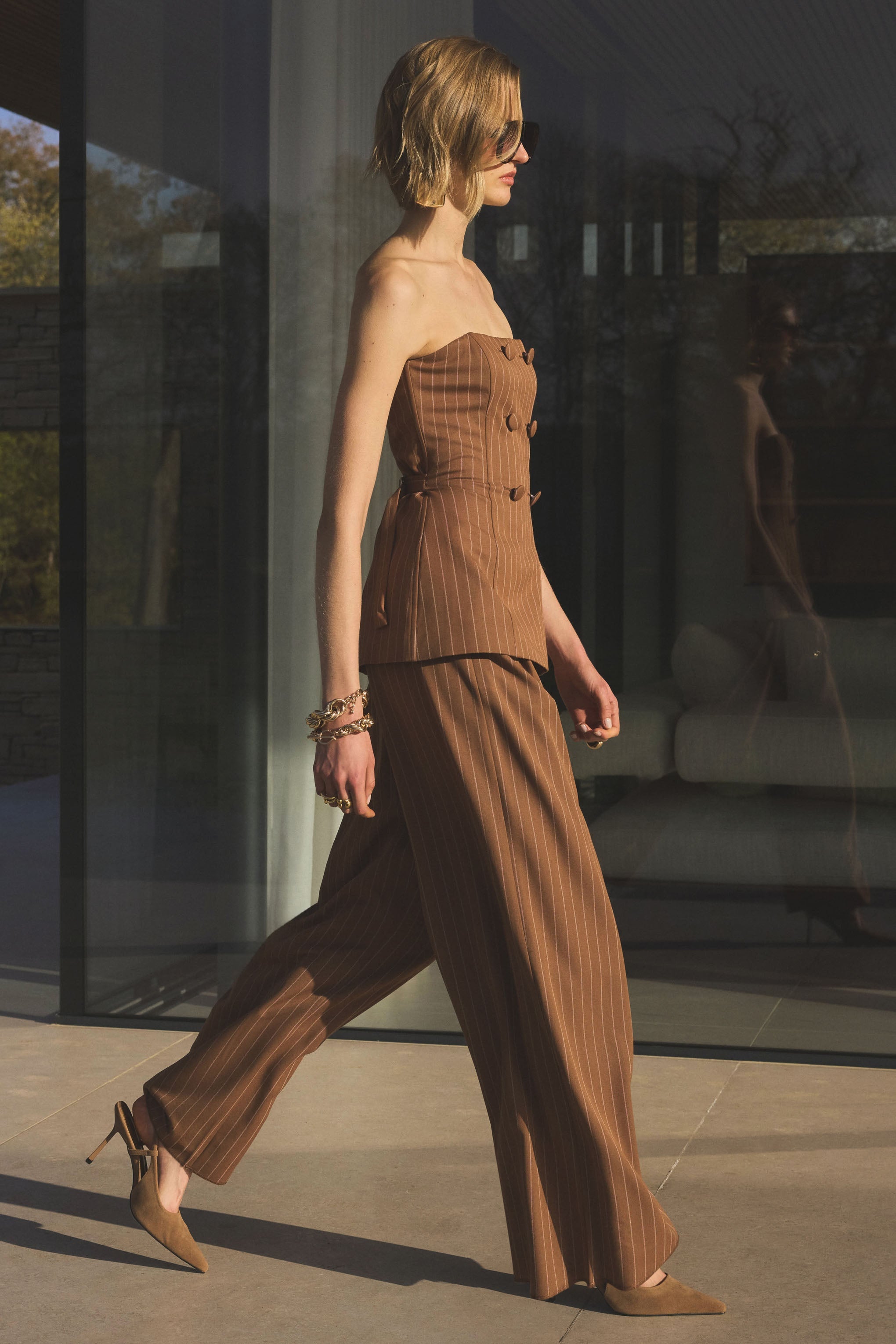 Meliva | Brown Pinstripe Wide-Leg Tailored Trouser-Sowoom