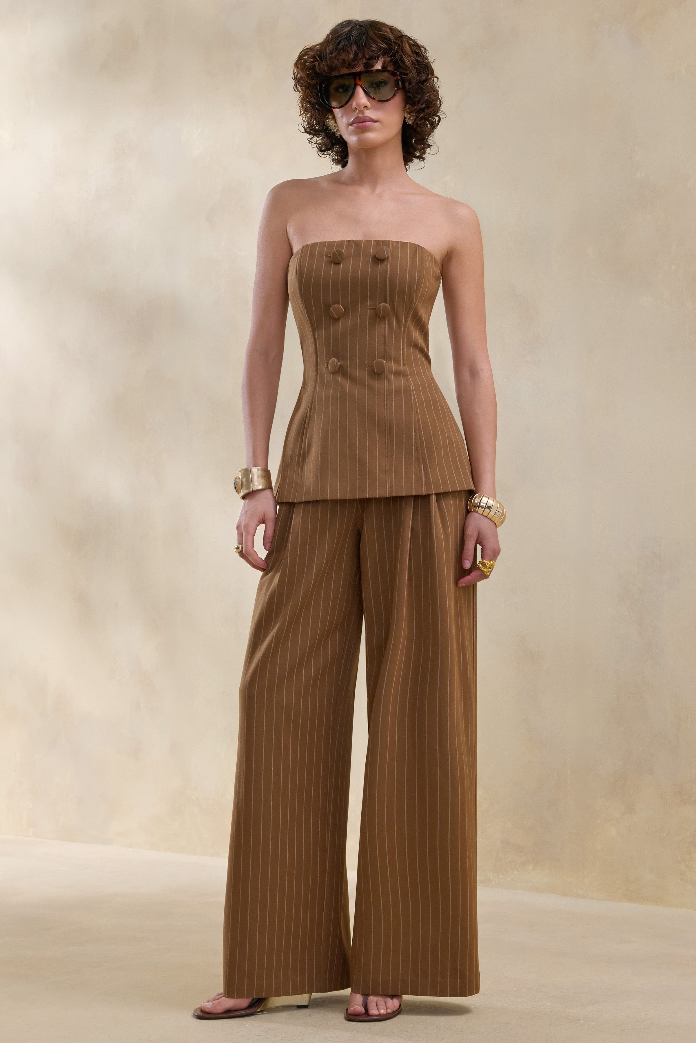 Meliva | Brown Pinstripe Wide-Leg Tailored Trouser-Sowoom