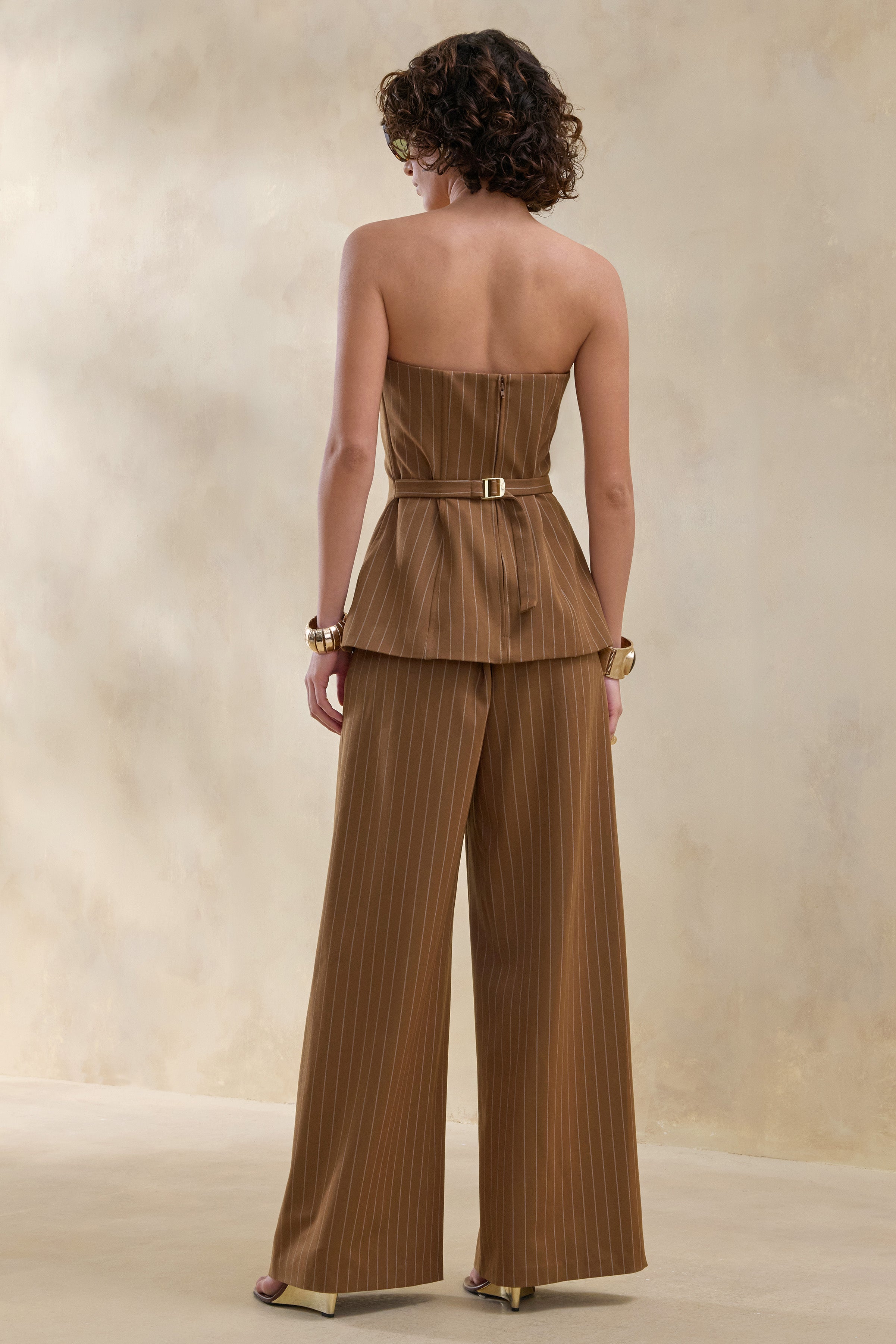 Meliva | Brown Pinstripe Wide-Leg Tailored Trouser-Sowoom
