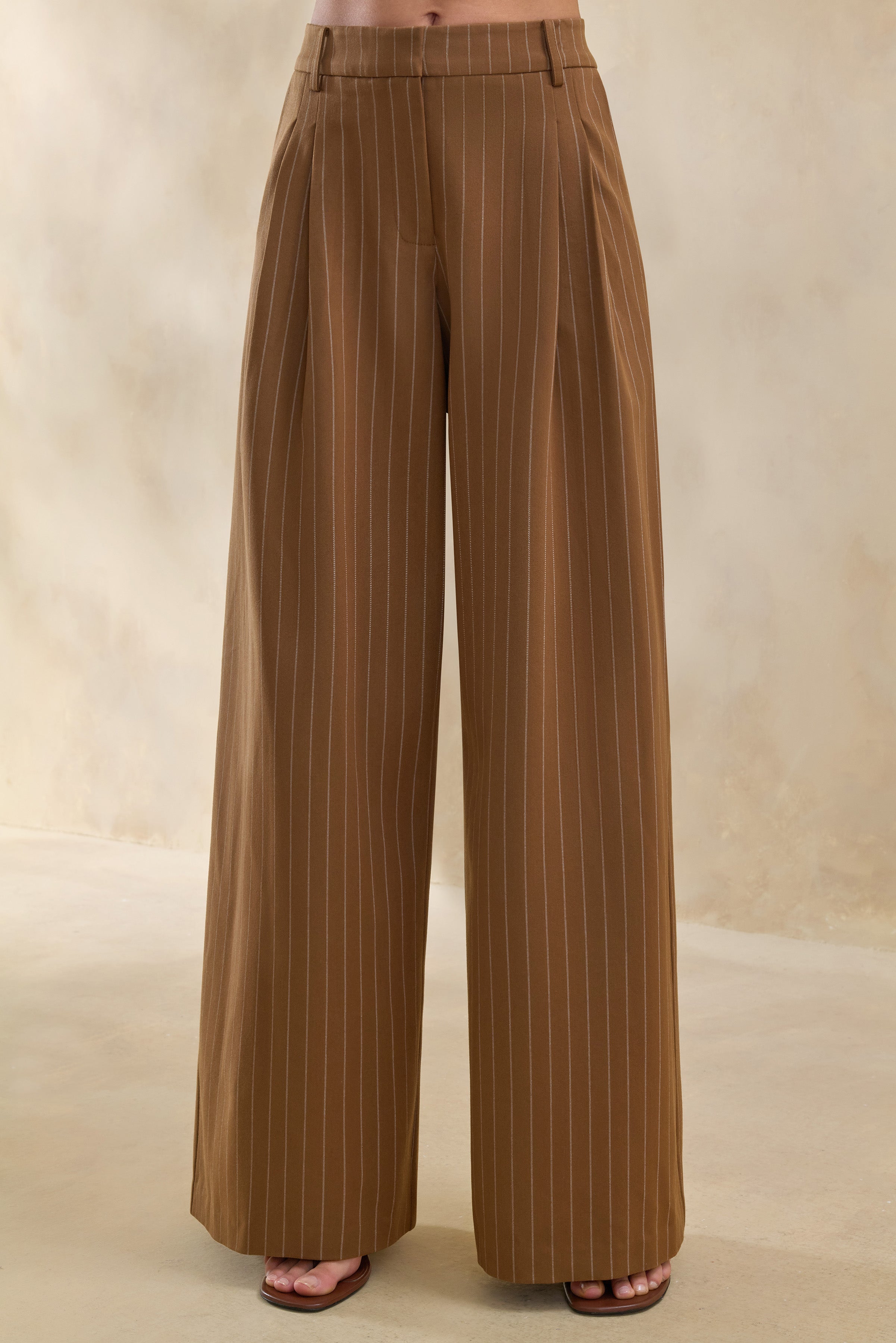 Meliva | Brown Pinstripe Wide-Leg Tailored Trouser-Sowoom