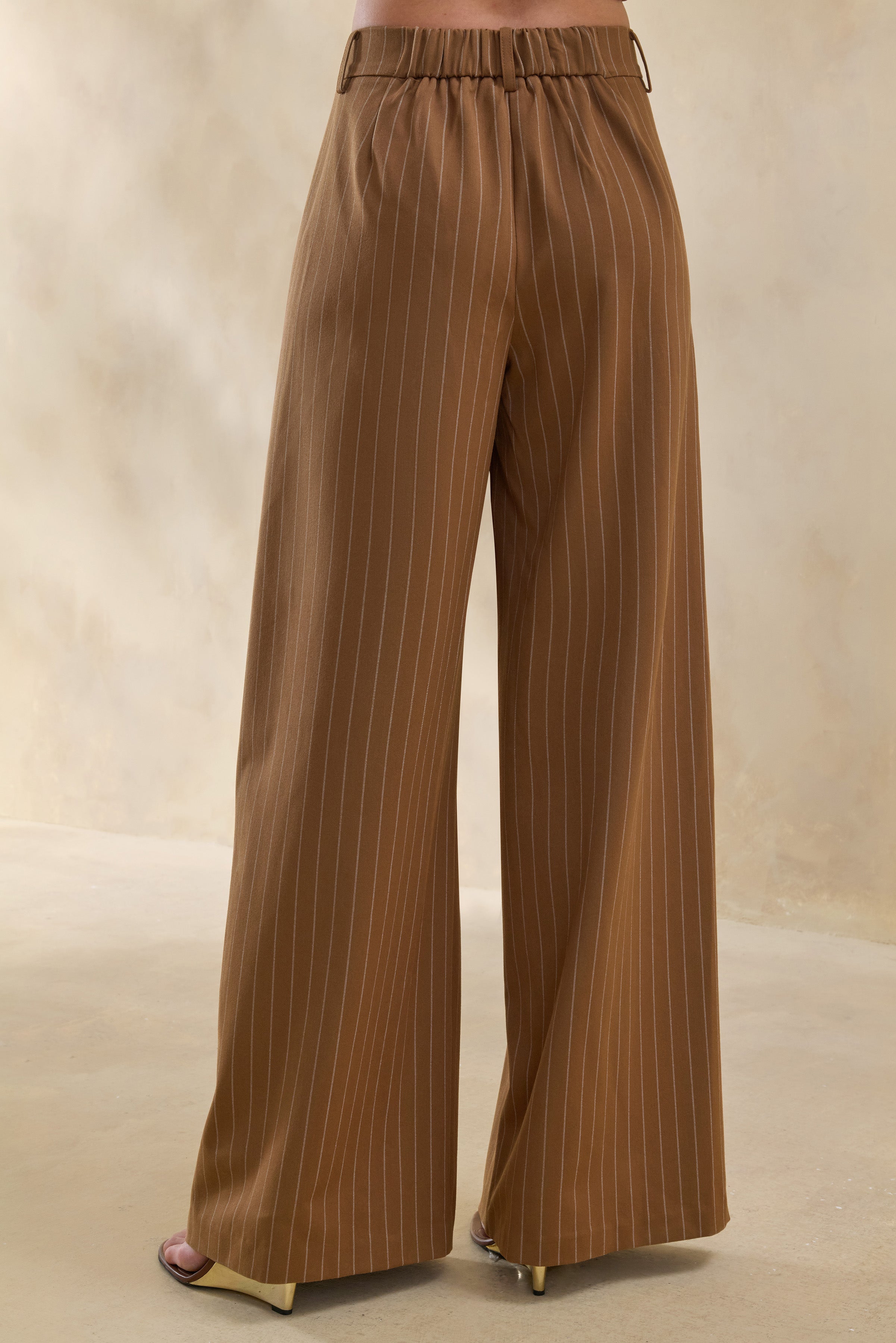 Meliva | Brown Pinstripe Wide-Leg Tailored Trouser-Sowoom