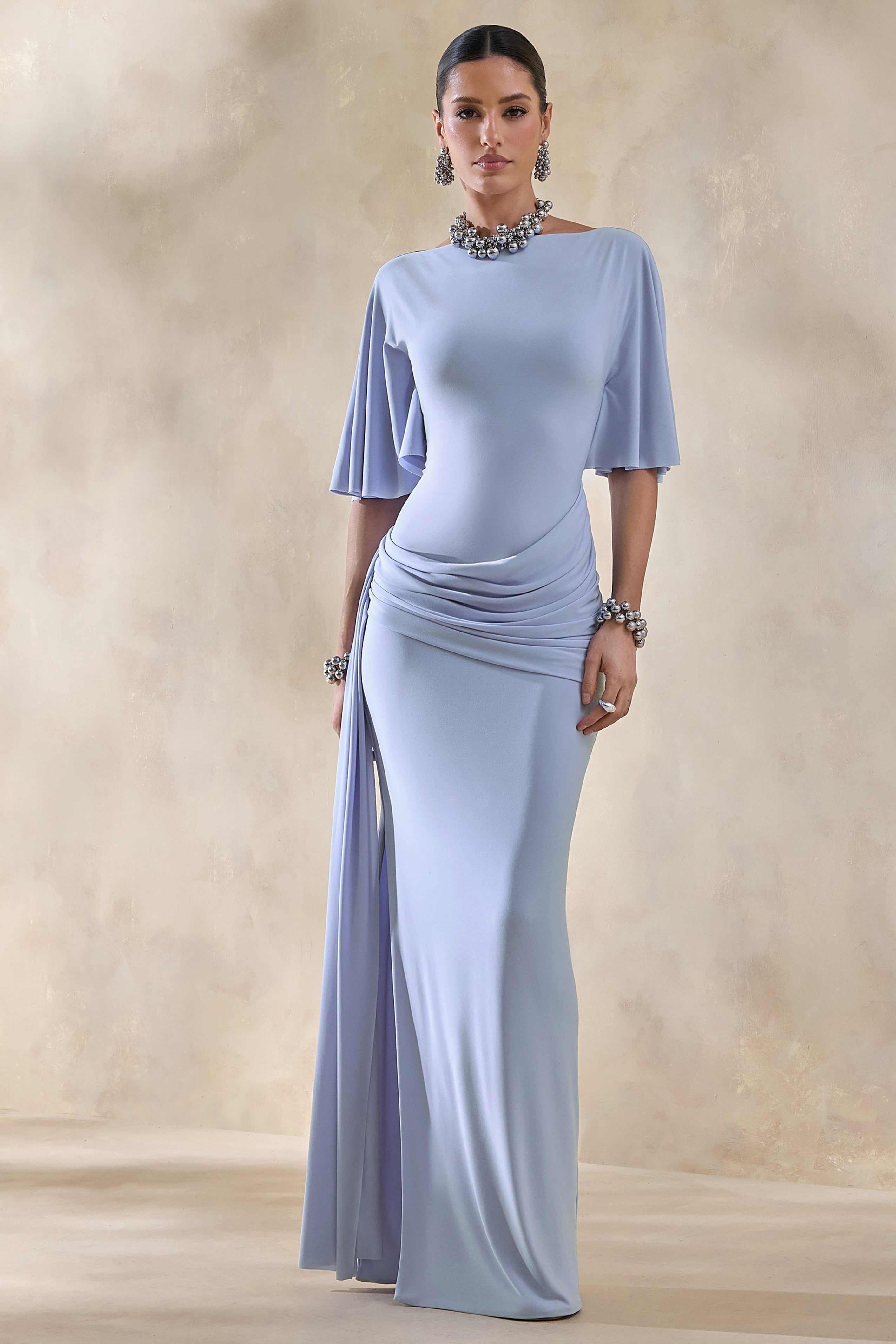 Emerelle | Powder Blue Wide-Neck Maxi Dress With Sash And Draped-Detailing-Sowoom