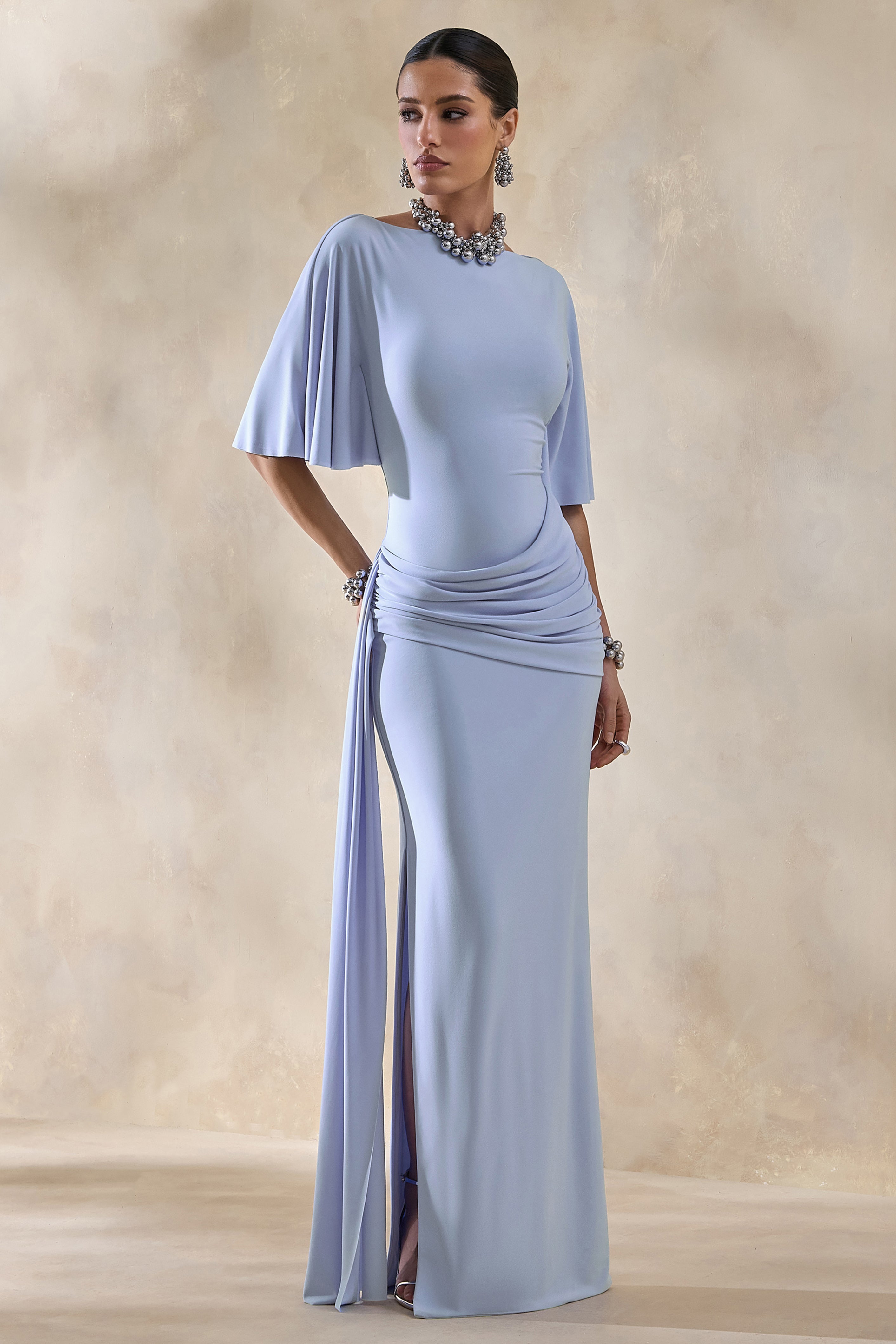 Emerelle | Powder Blue Wide-Neck Maxi Dress With Sash And Draped-Detailing-Sowoom